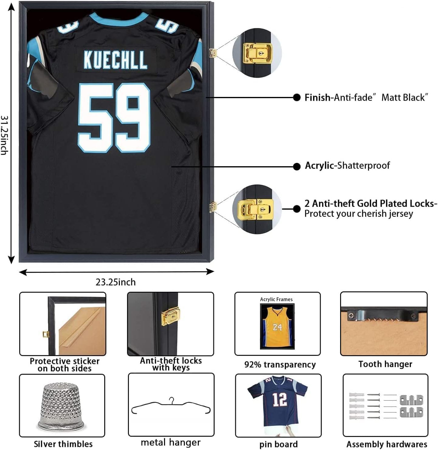 IHEIPYE Jersey Frame Display Case Shadow Box - Lockable with UV Protection Acrylic and Hanger for Baseball, Basketball