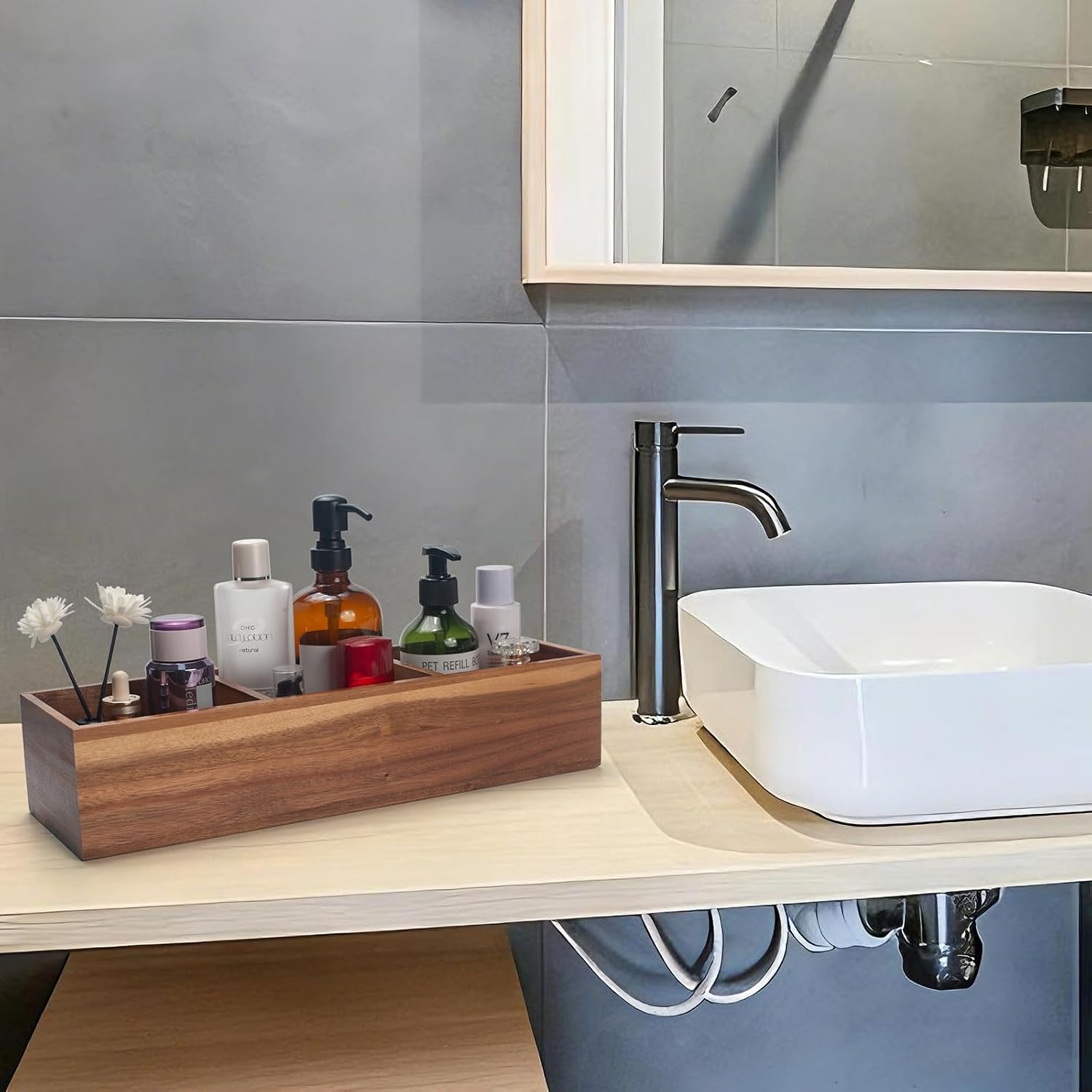 Wood Bathroom Basket / 16.5 x 5.5 x 3.5