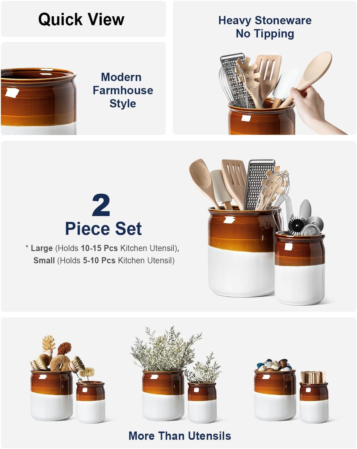 LE TAUCI Kitchen Utensil Holder for Countertop, Ceramic Utensil Crock Set of 2, Rustic Brown Holder for Spatulas