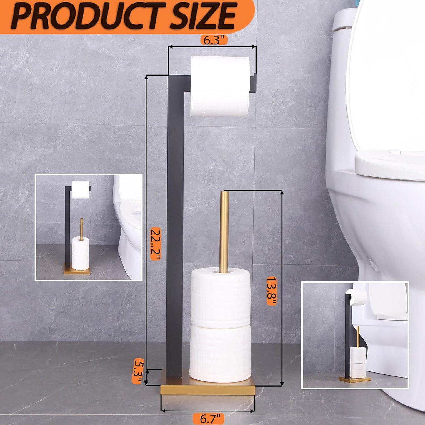 GERZWY Free Standing Toilet Paper Holder, SUS 304 Stainless Steel Toilet Paper Stand with Reserve (Black & Gold)