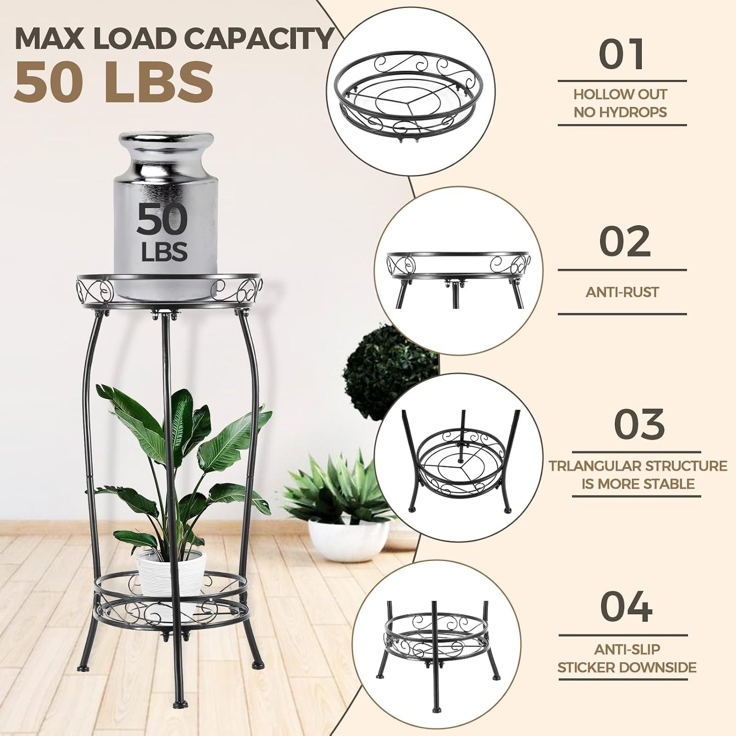 Kavlium Plant Stand Indoor Outdoor, Tall Black Metal, 2 Tier 27.1 Inch | Rustproof Metal, Stable 3-Leg Base, Heavy Duty