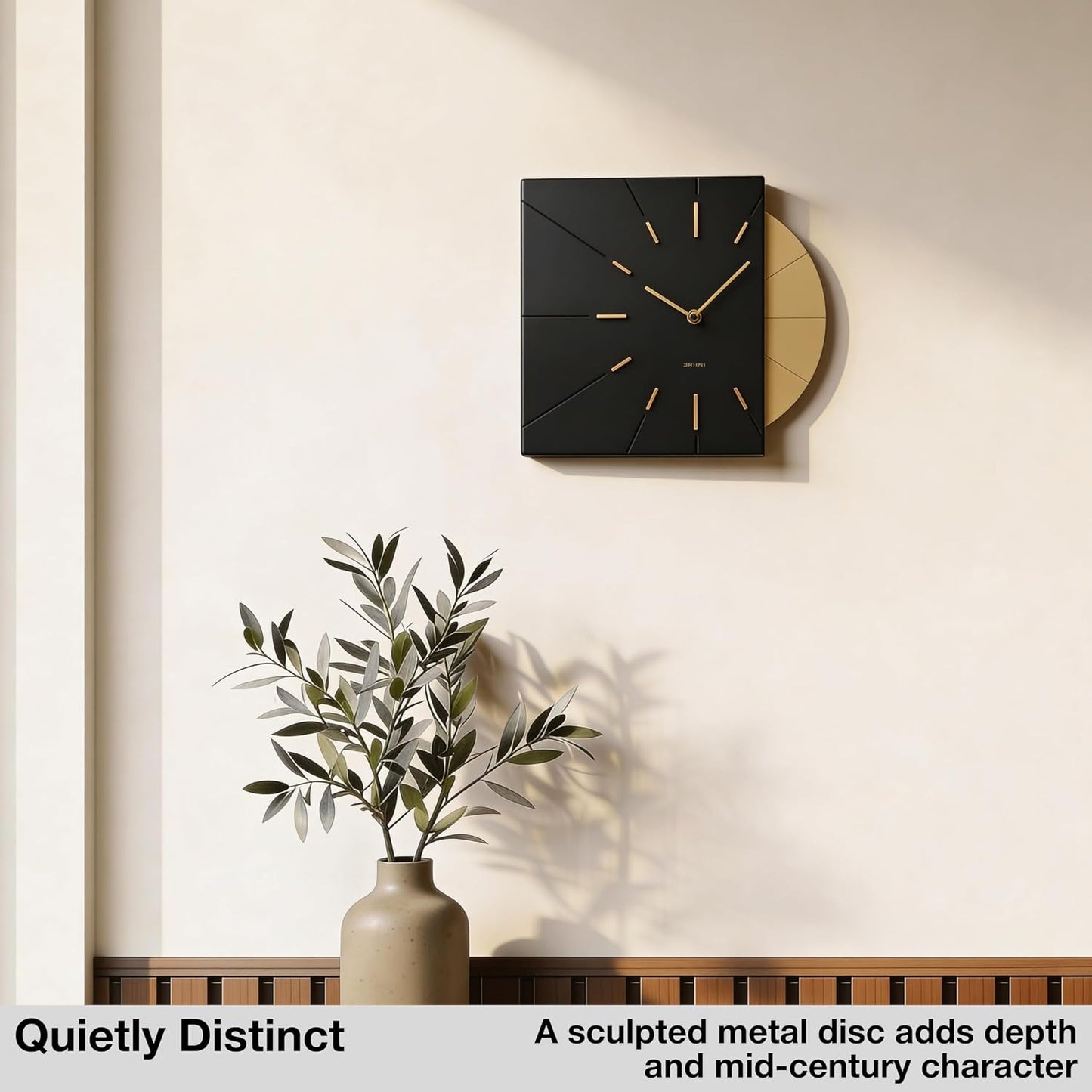 Driini Clocks Mid Century Modern Wall Clock - Square Black Clock with Decorative Gold Accent- Unique and Cool Clock