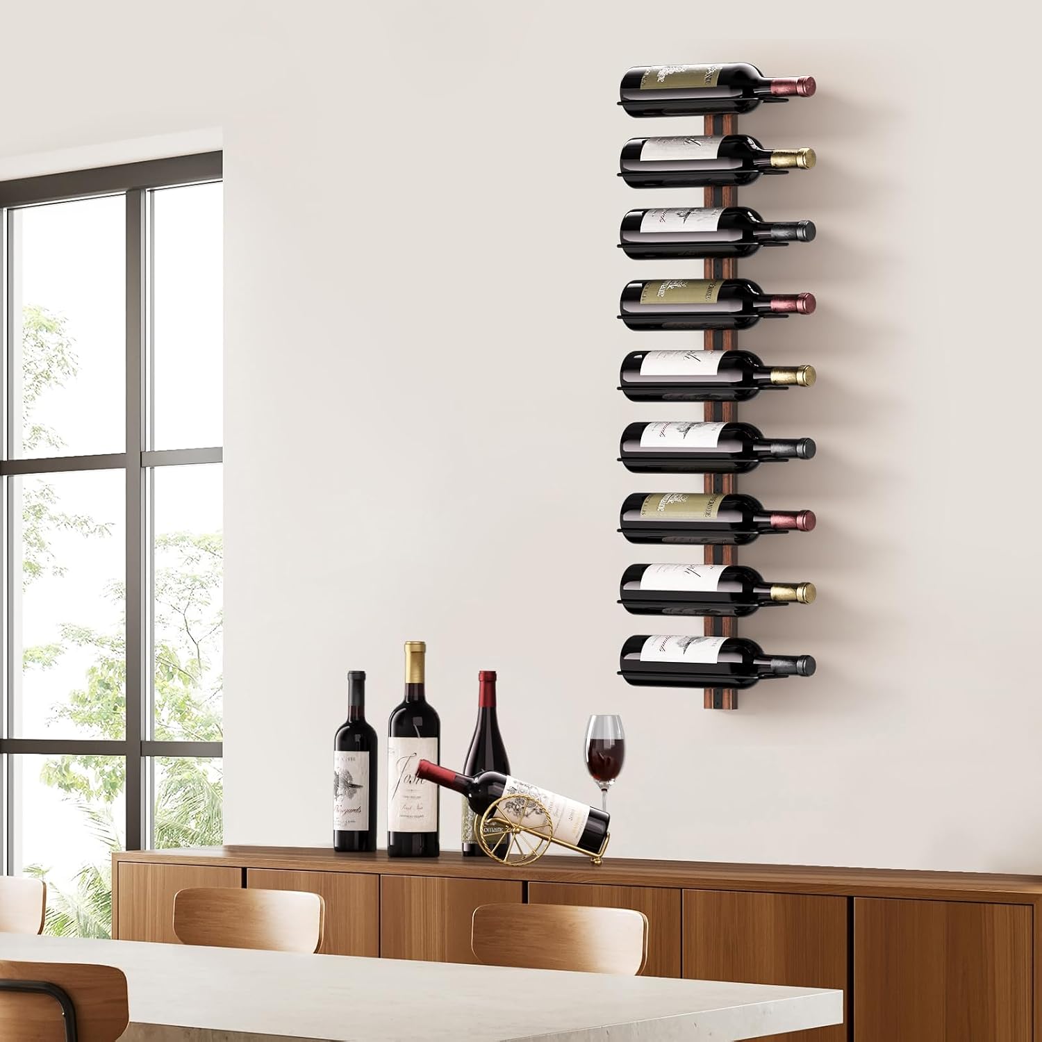 B4Life Wall-Mounted Wine Rack, 9 Bottles Wood & Metal Storage | Collectors, Dining Rooms, Kitchens, Home Bars, Wine