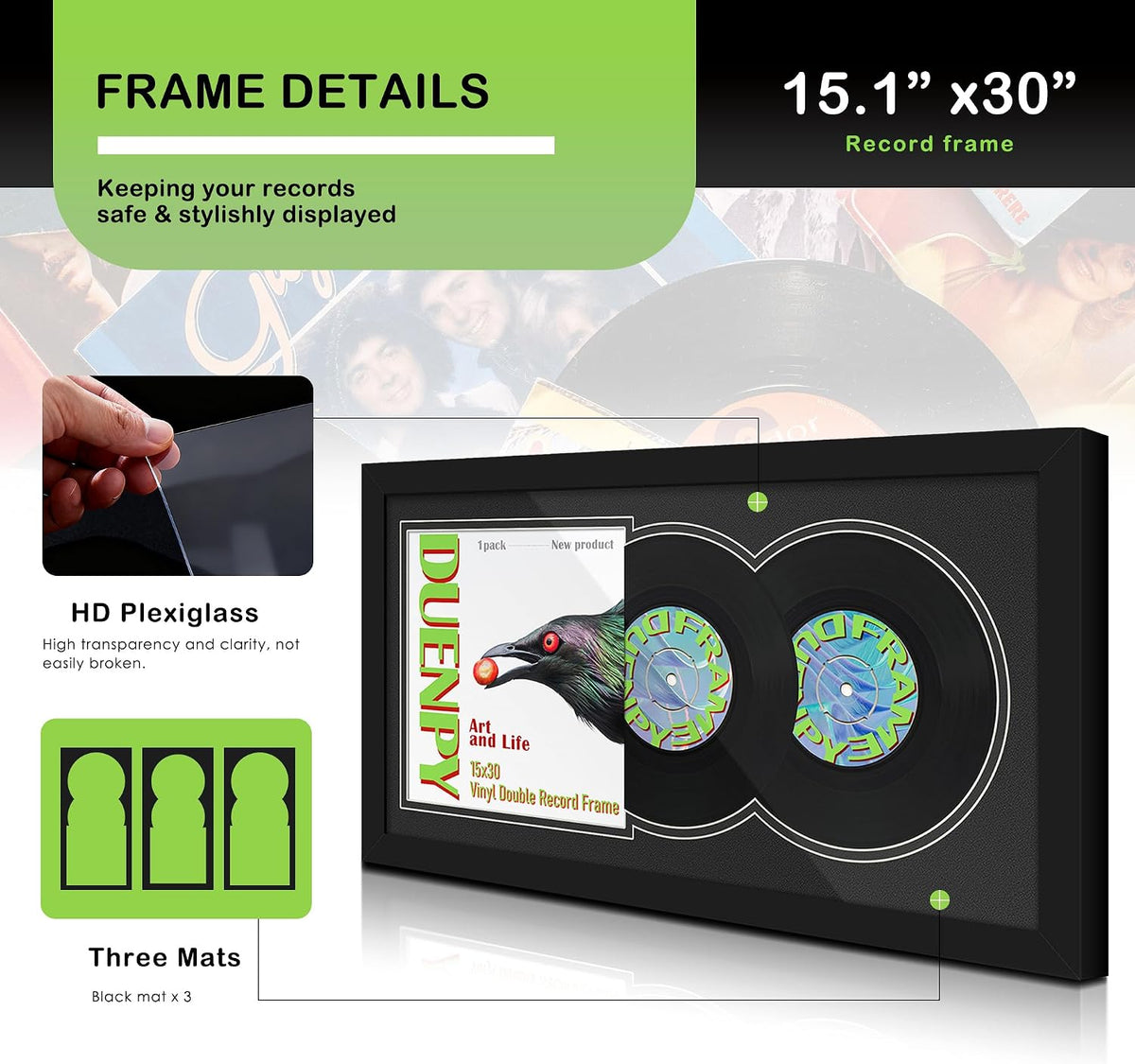 DUENPY 15.1x30 Vinyl Frame For 12.5x12.5 Cover Double Black Mat | Displays 12.5x12.5 Album Cover Art, Supports Wall