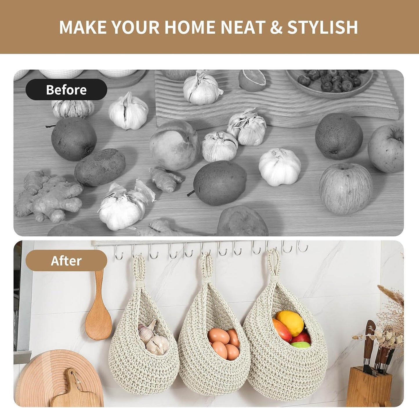 Boho Wall Hanging Fruit Baskets / White / Set of 6