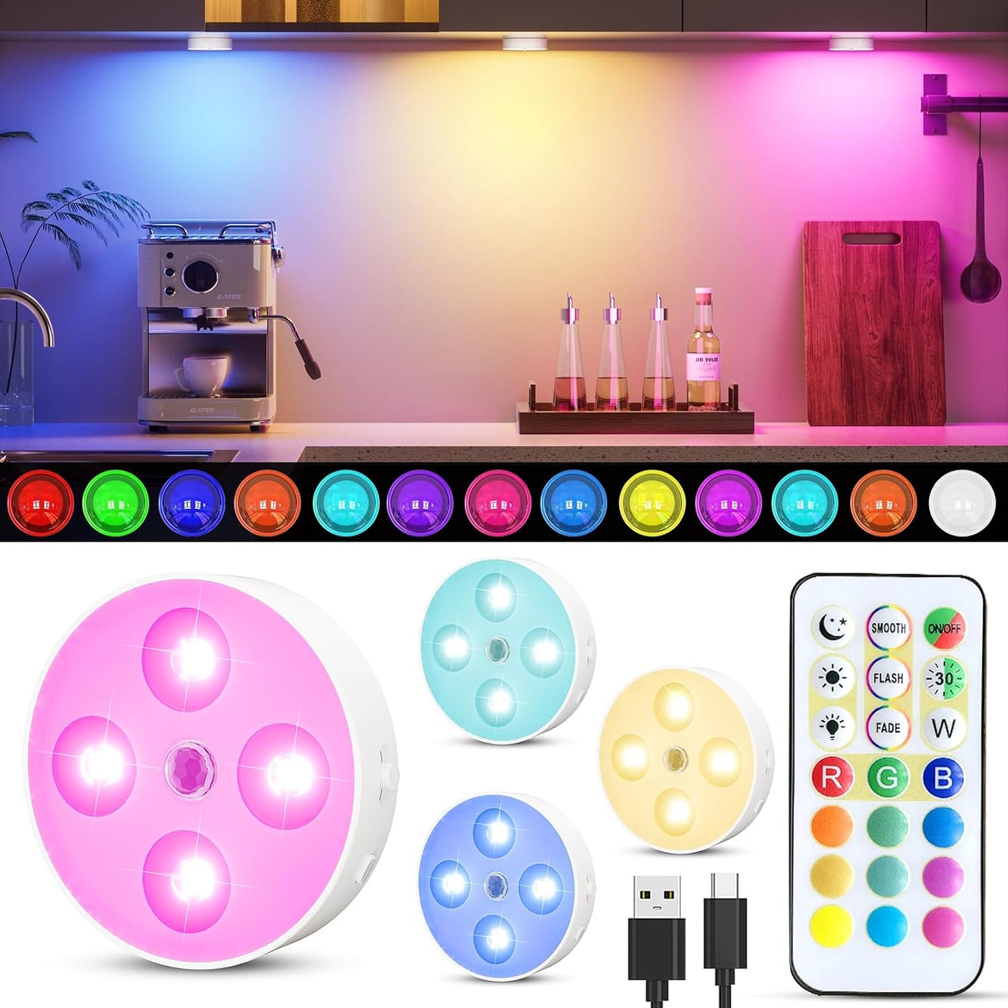HOMEBEST RGB Puck Lights with Remote & Motion Sensor – 1500mAh Rechargeable Under Cabinet Lighting for Kitchen, Closet