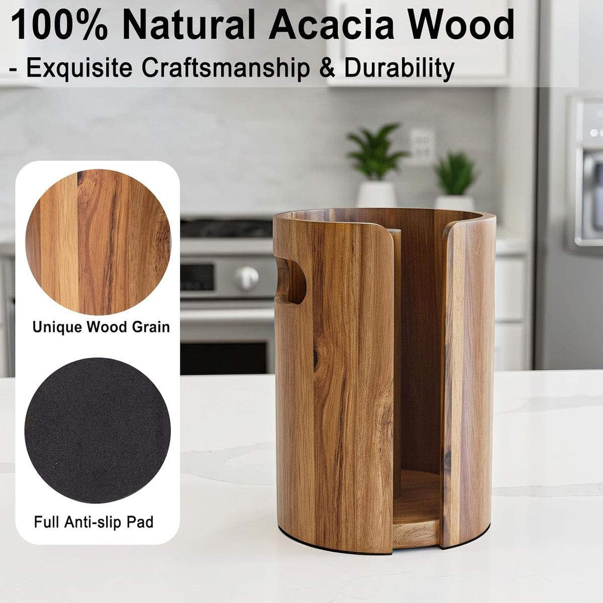 Acacia Wood Paper Towel Holder for Countertop with Splash Guard & Handles | Acacia Wooden Natural Color, Splash Guard