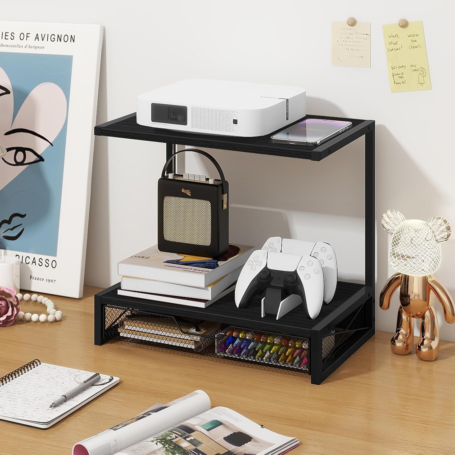 ELITEROO 2-Tier Printer Shelf with Drawers, Wooden Desk Shelf for Printer | Small Printers Shelf for Office Supplies