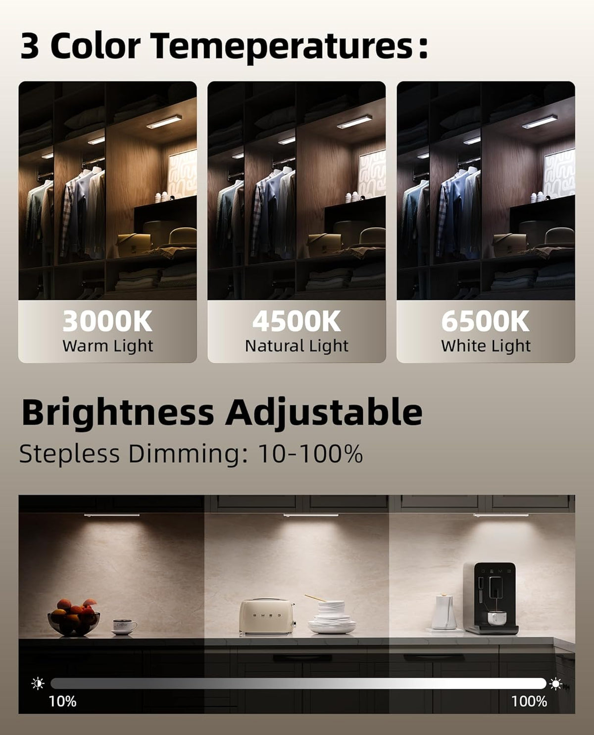 6Pack 7.8inch Under Cabinet Lighting, Rechargeable Motion Sensor Light Wireless Indoor, Dimmable 3 Color Temps Closet