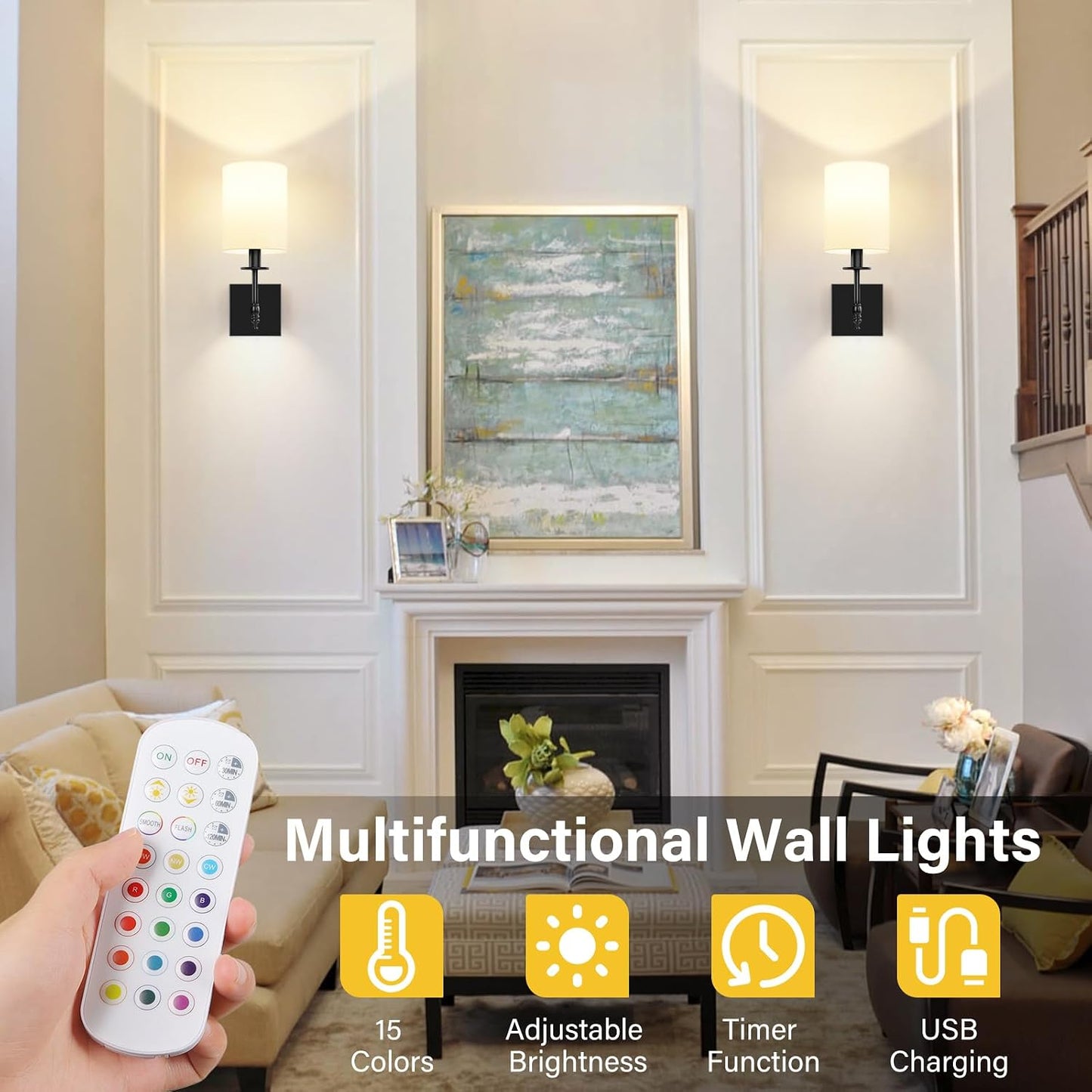 14 Inch Black Battery Operated Wall Sconces Set of 2, Rechargeable Wireless Wall Lights with Remote & White Fabric