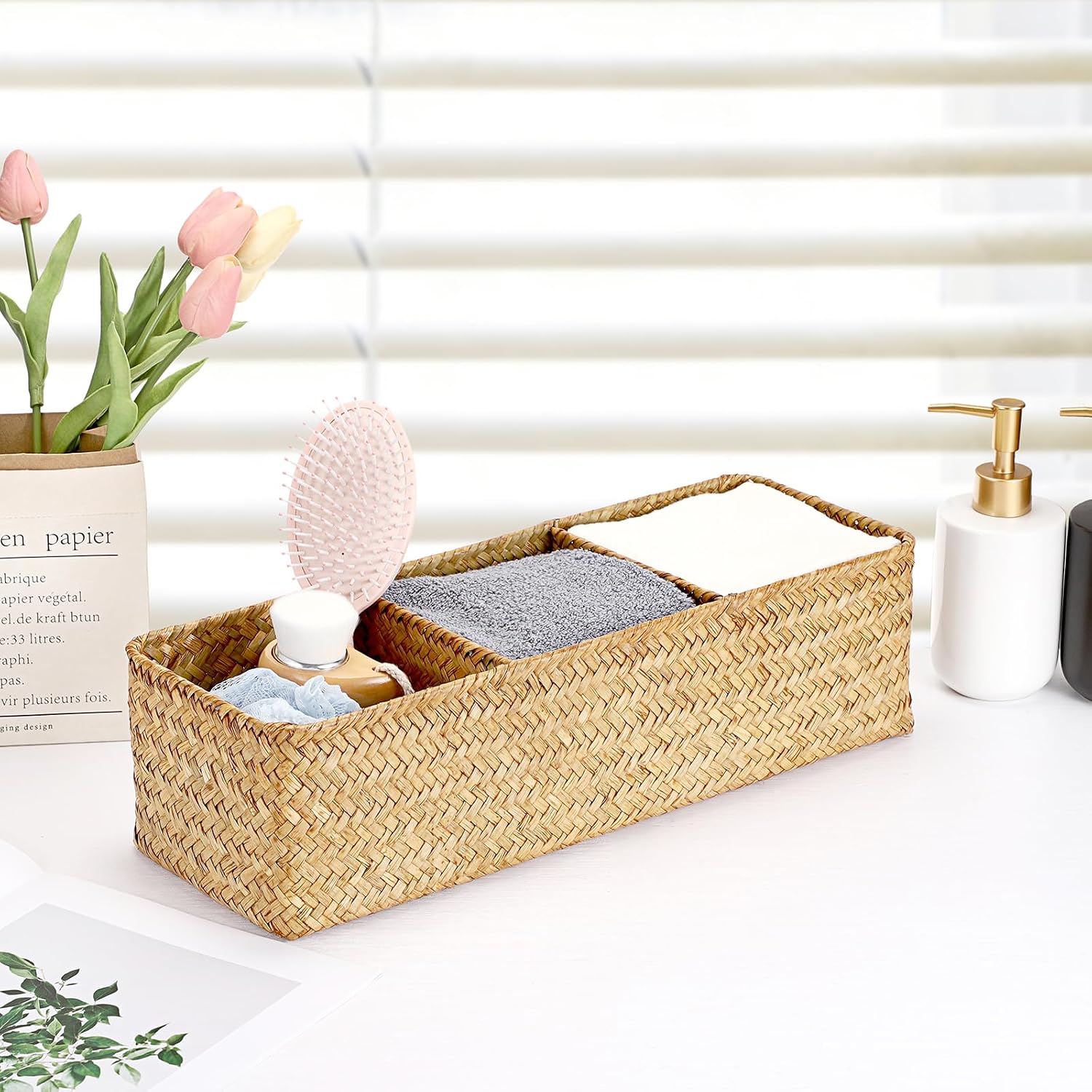 Handwoven Seagrass Storage Basket 3 Sections Toilet Tank Paper Organizer / Large / Caramel