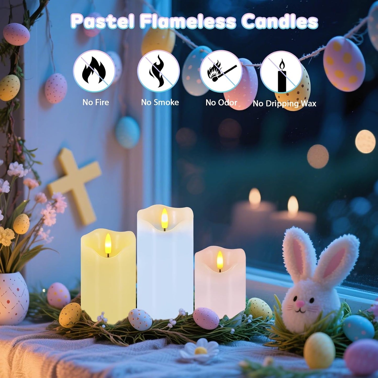 Easter Flameless Candles Set of 3, Pastel Spring Candle with Remote & Timer | Flickering Real Wax Pillar Candles