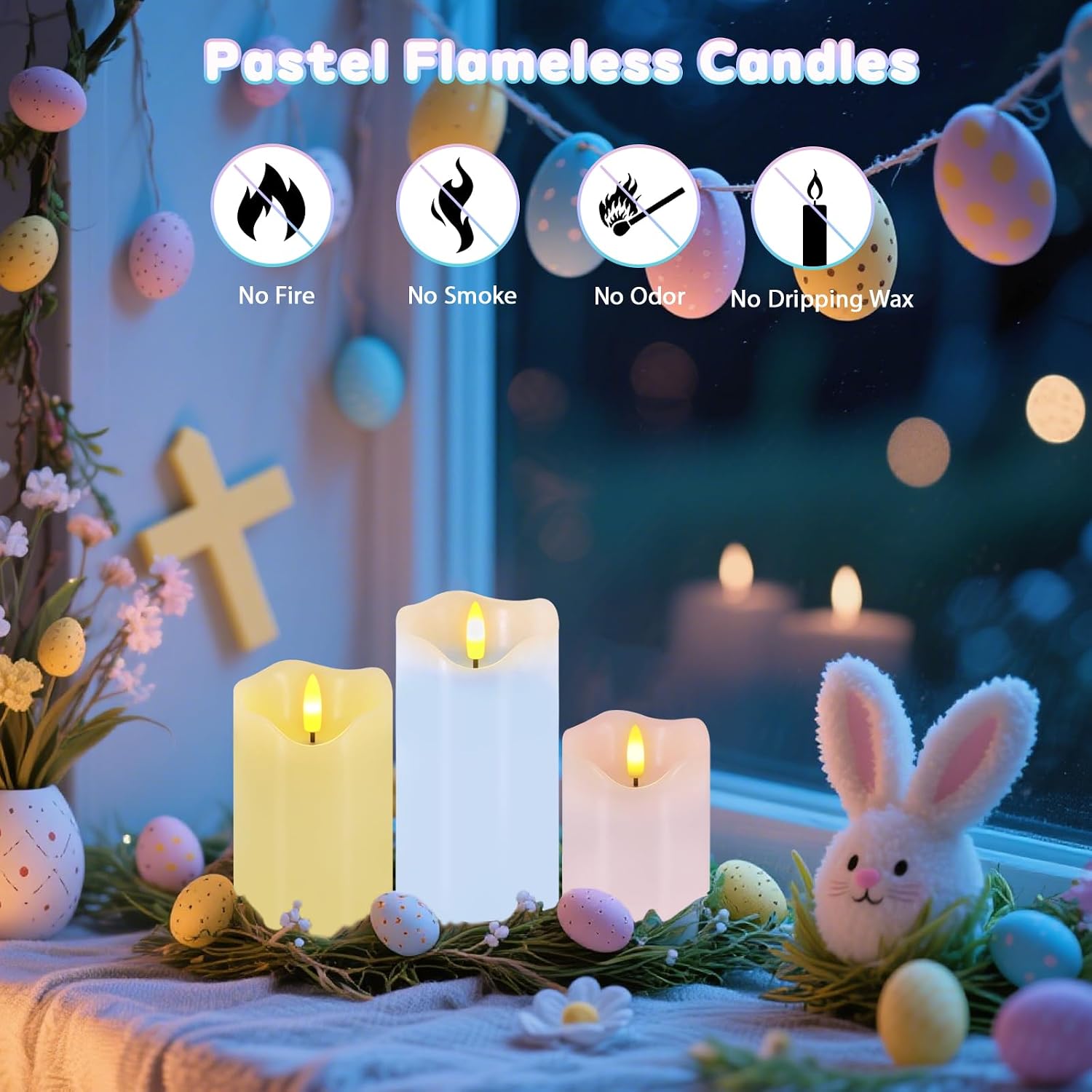 Easter Flameless Candles Set of 3, Pastel Spring Candle with Remote & Timer | Flickering Real Wax Pillar Candles
