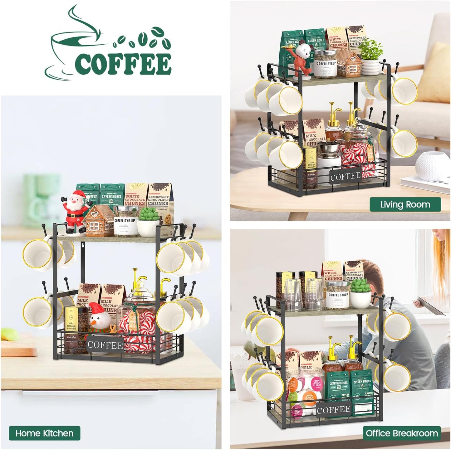 EsLuker.ly Coffee Mug Cup Holder Tree Bar Station Organizer, 2 Tier Grey Oak