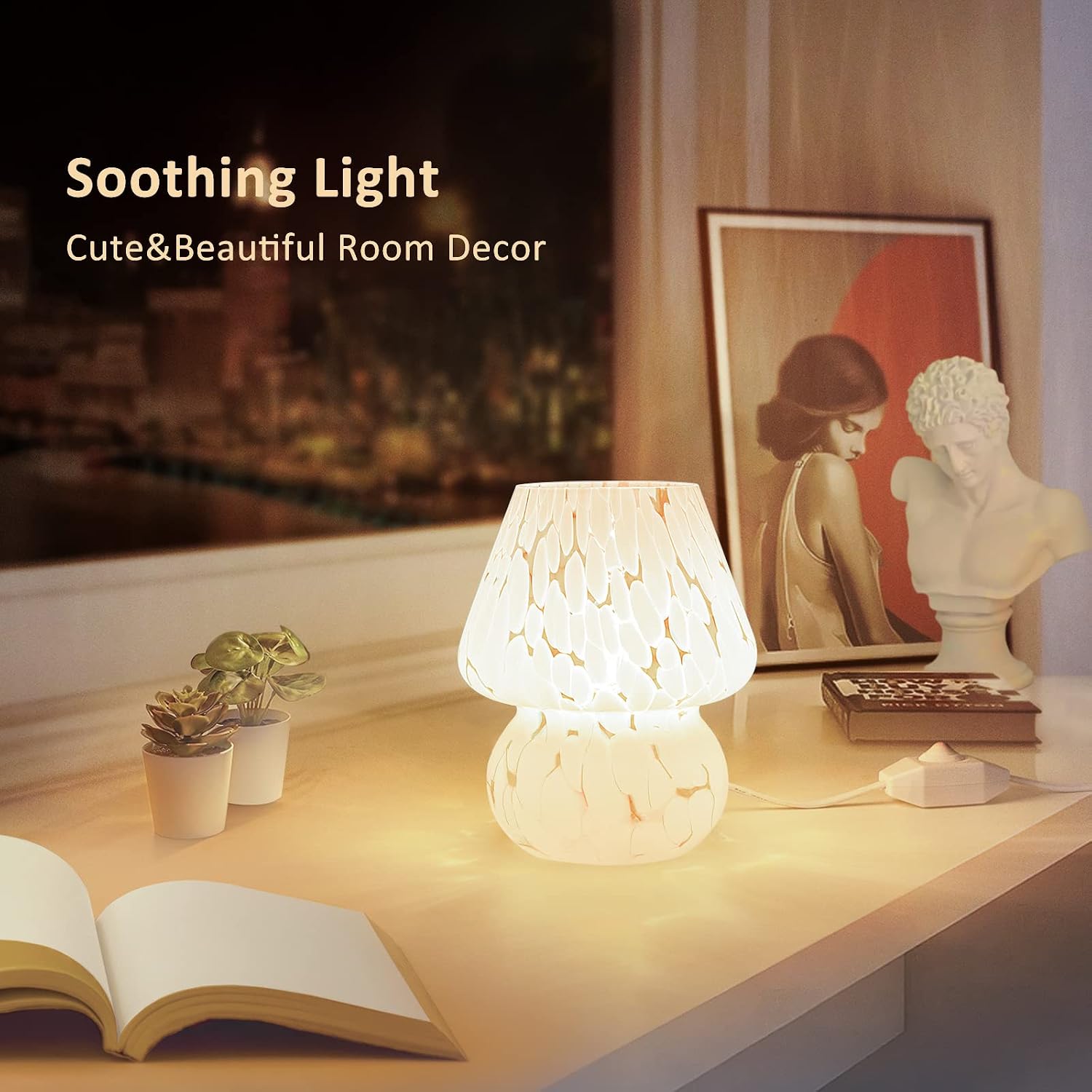 ONEWISH Cute Mushroom Lamp Small Bedside Table Lamp Set of 2 Stepless Dimmable, Translucent Glass White Nightstand Lamp