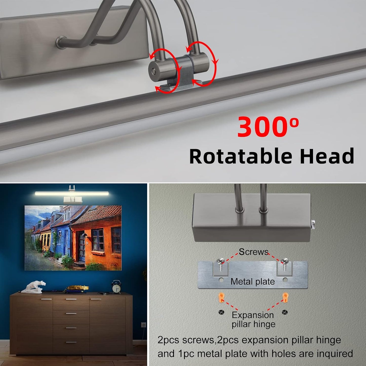 Picture Light,5000mAh Wireless Wall Light,16" Art Light,Plated Black | Rechargeable Photo Lights,Remote Timer and
