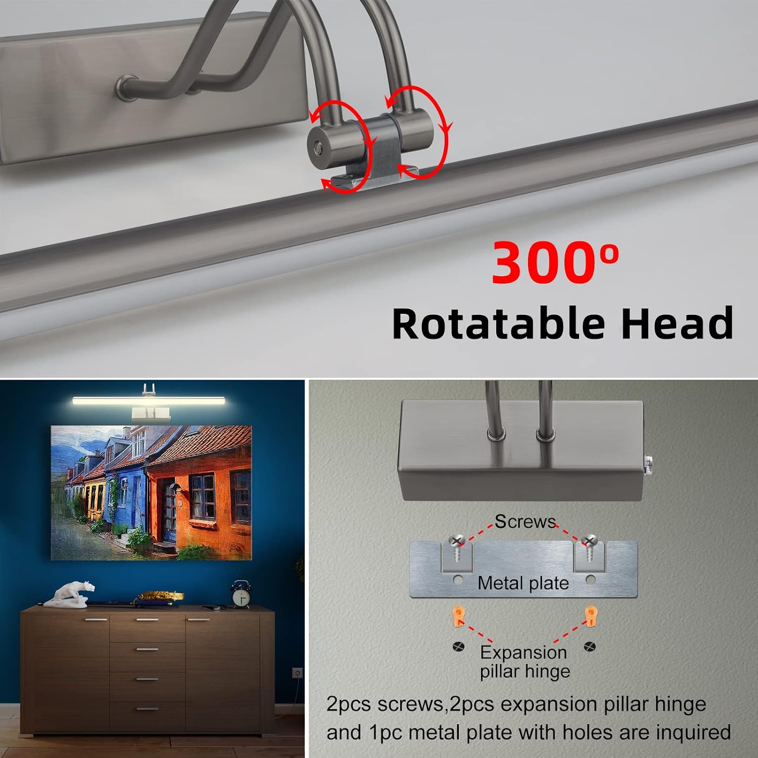 Picture Light,5000mAh Wireless Wall Light,16" Art Light,Plated Black | Rechargeable Photo Lights,Remote Timer and