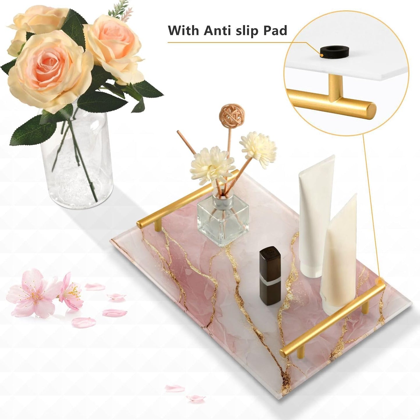 Serving Tray / Handles Bathroom Tray Vanity Trays / Pink Marble Pattern