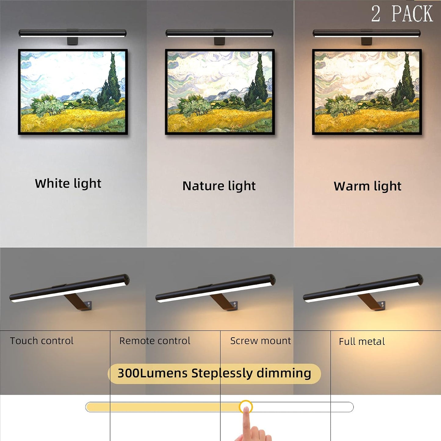2Pack Wireless Picture Lights with Remote,Battery Operated,16.5'' Painting Lights for Art Picture Full Metal with