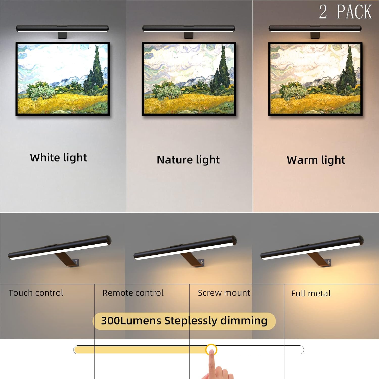 2Pack Wireless Picture Lights with Remote,Battery Operated,16.5'' Painting Lights for Art Picture Full Metal with