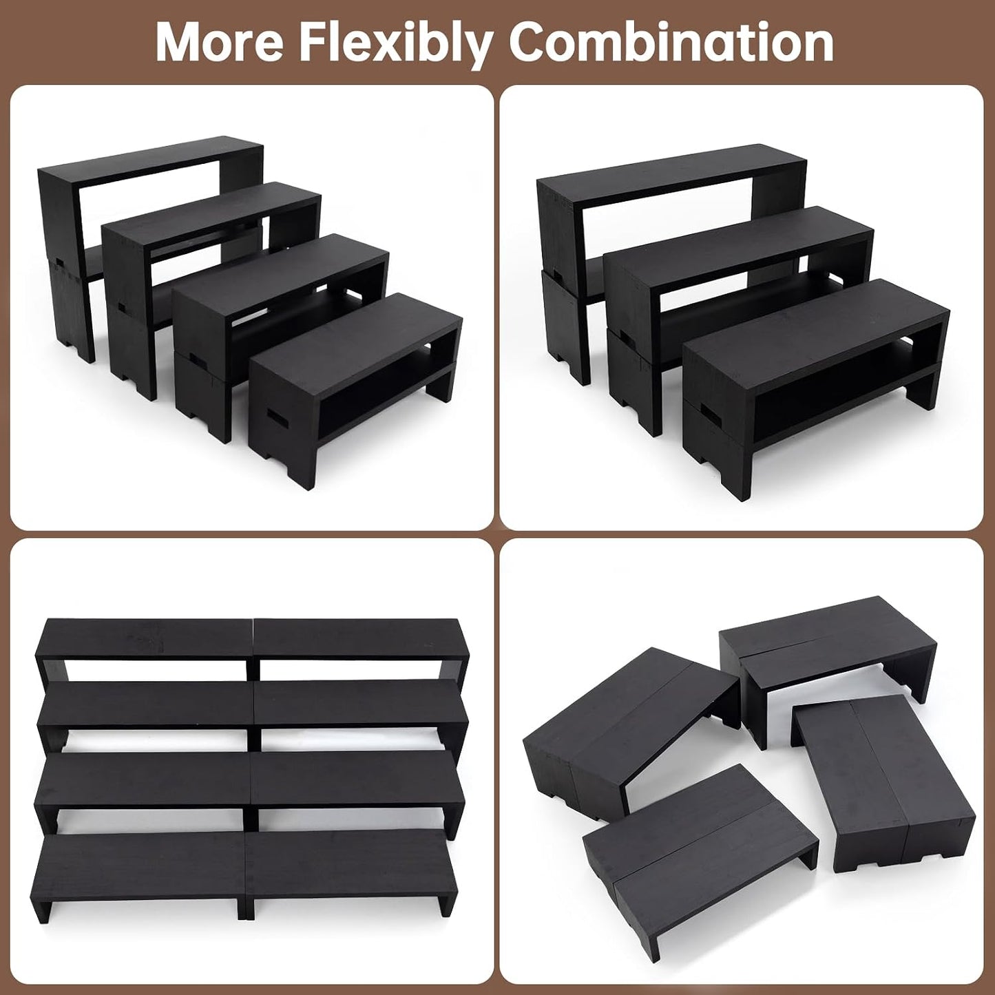 Yikaroeli 2 Set Large Black Display Risers Wooden Tiered Risers for Display Stand 4 Tiered 8Pcs Racks Perfume Organizer