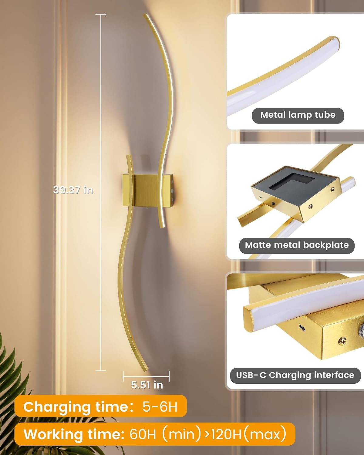 39.4 Inch Battery Operated Wall Sconce Set of 2, Gold Modern Rechargeable Wall Lights with Remote, 3CCT Dimmable
