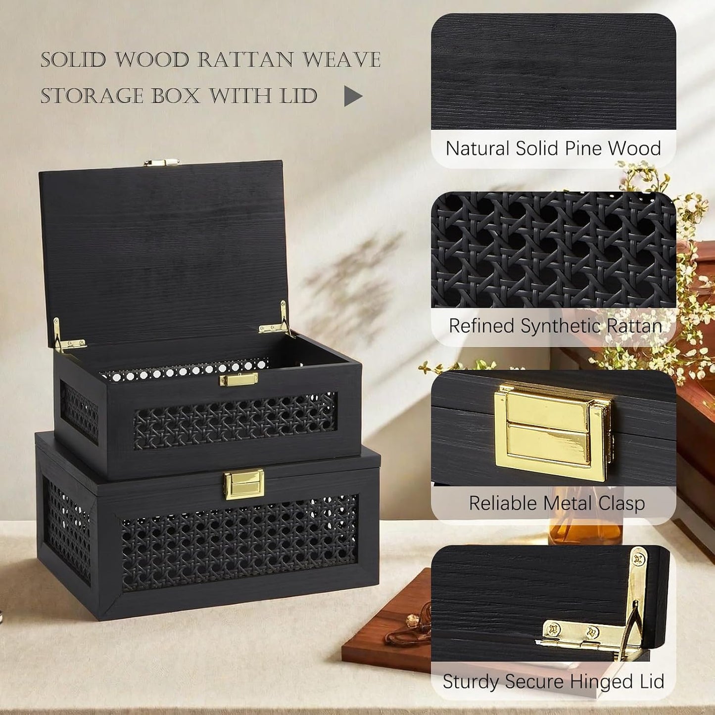Decorative Rattan Storage Boxes Solid Wood Woven Baskets Bins / Black