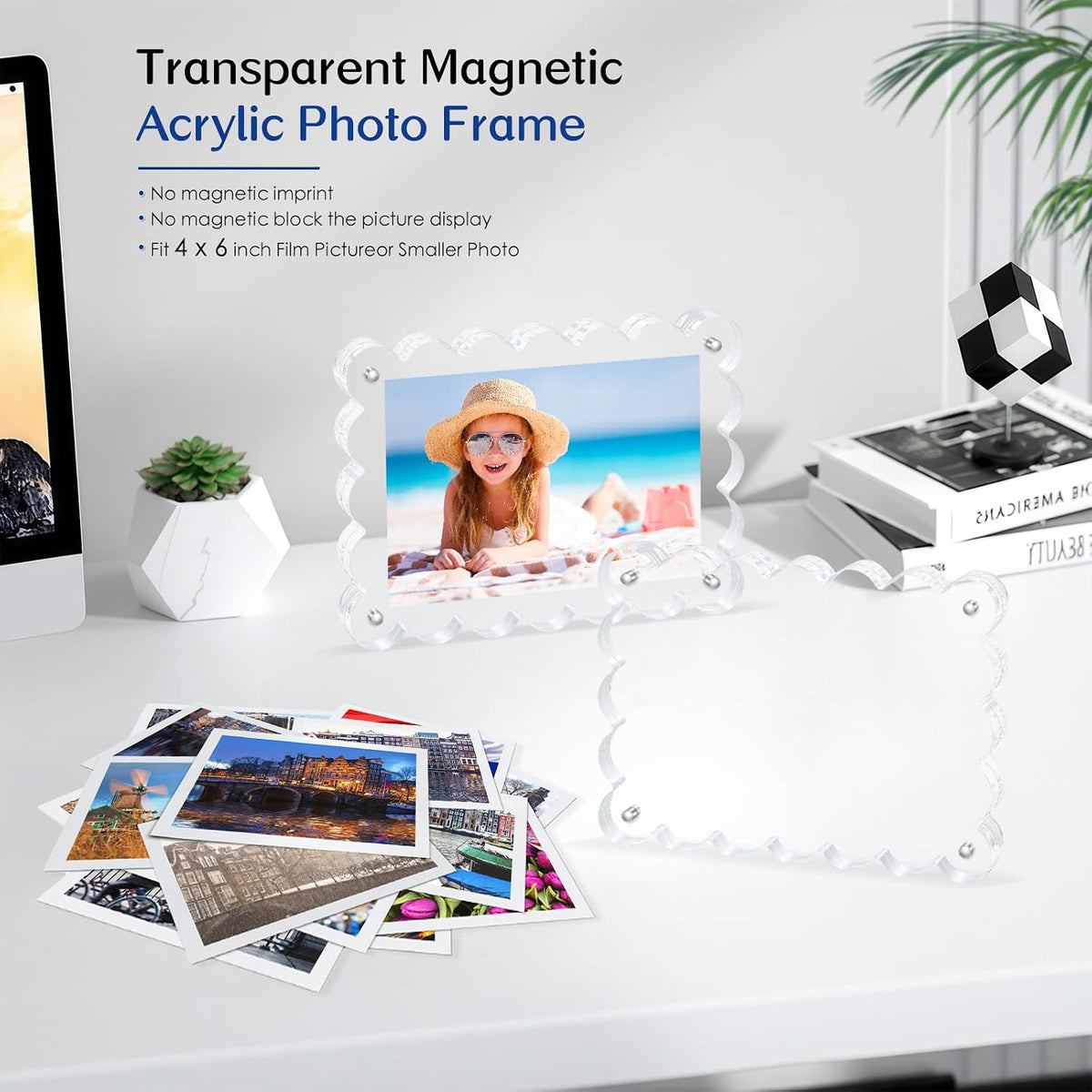 Scalloped Magnetic Picture Frame 4x6 Inch-2Pack Photo Frames | Clear frame,20mm Thick Double-Sided Magnet Design
