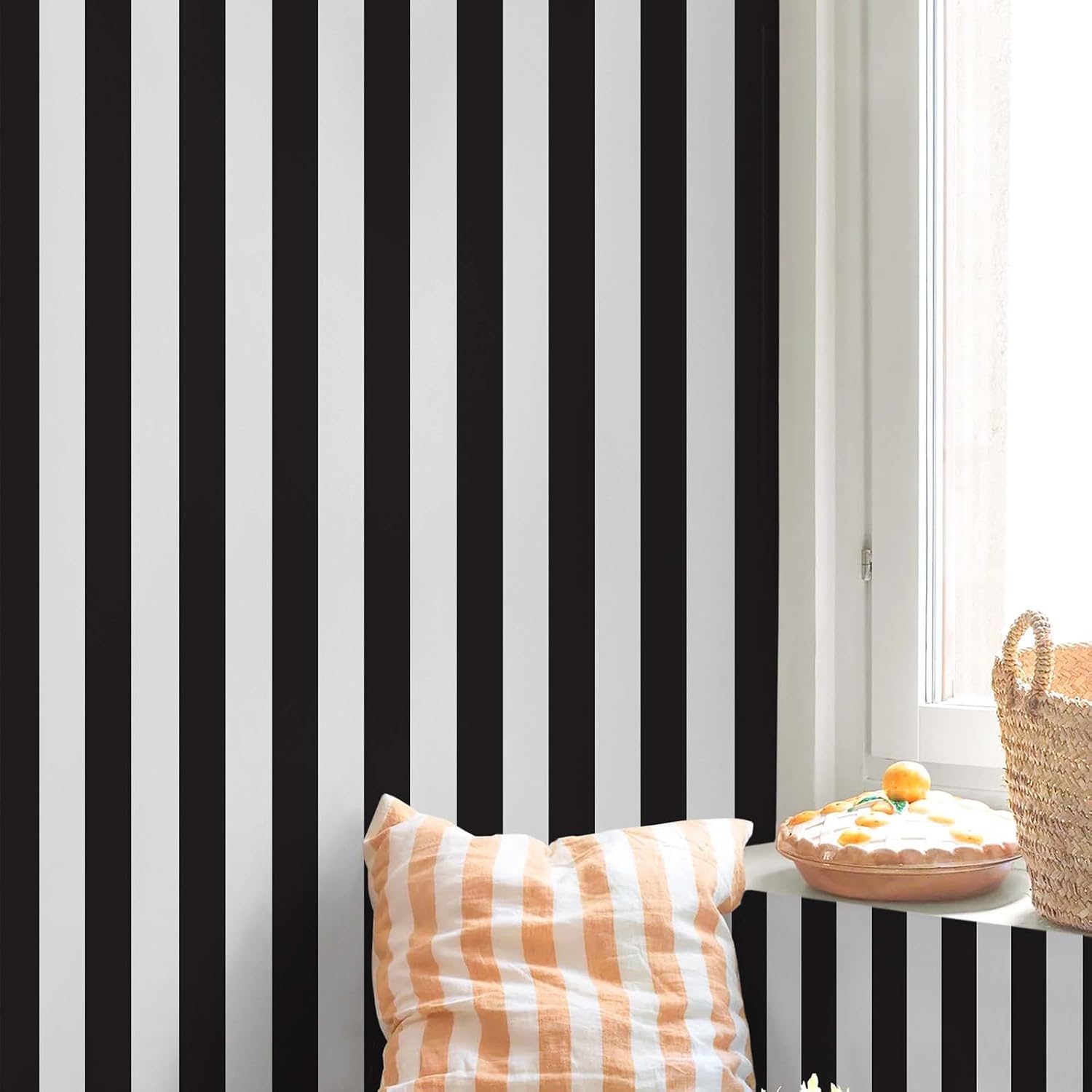 Black and White Wallpaper Peel and Stick Striped Contact Paper for Cabinets / 18 x 197 / Black/white