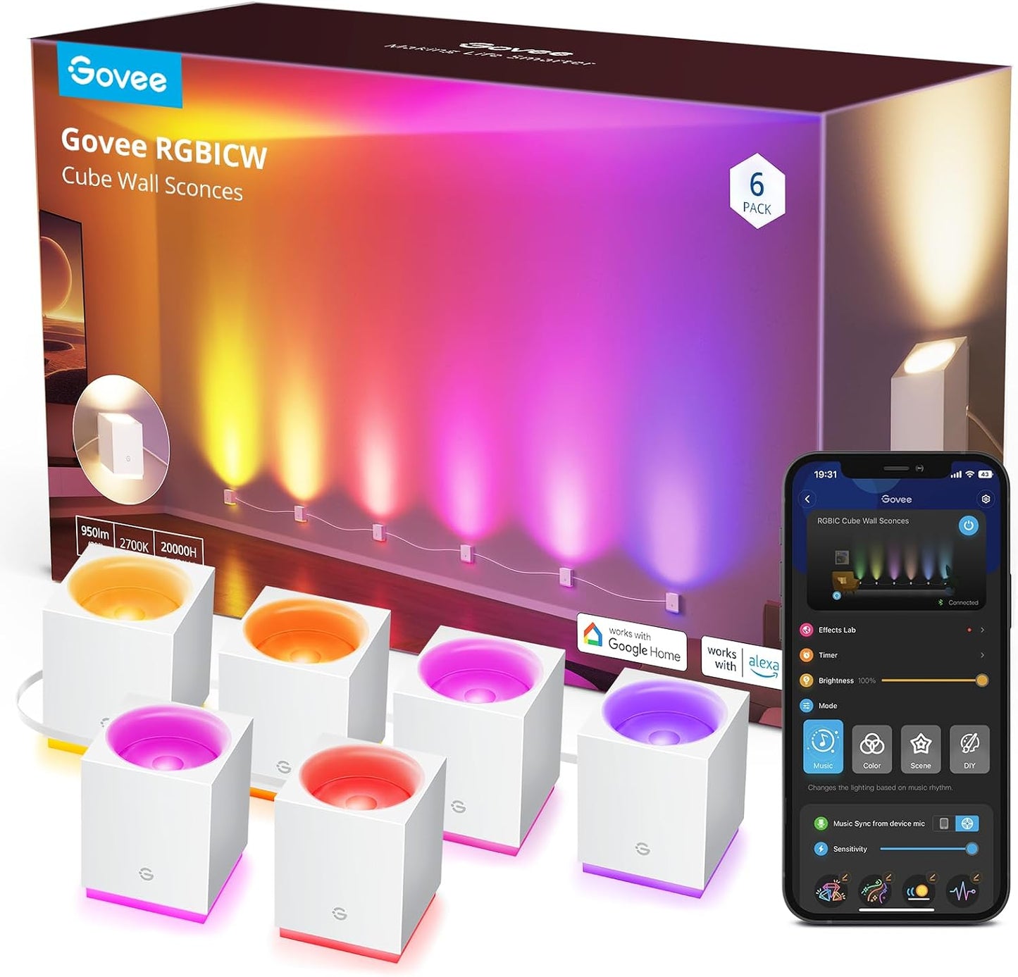 Govee Cube Wall Sconces, RGBIC LED Wall Light Works with Alexa, 15ft