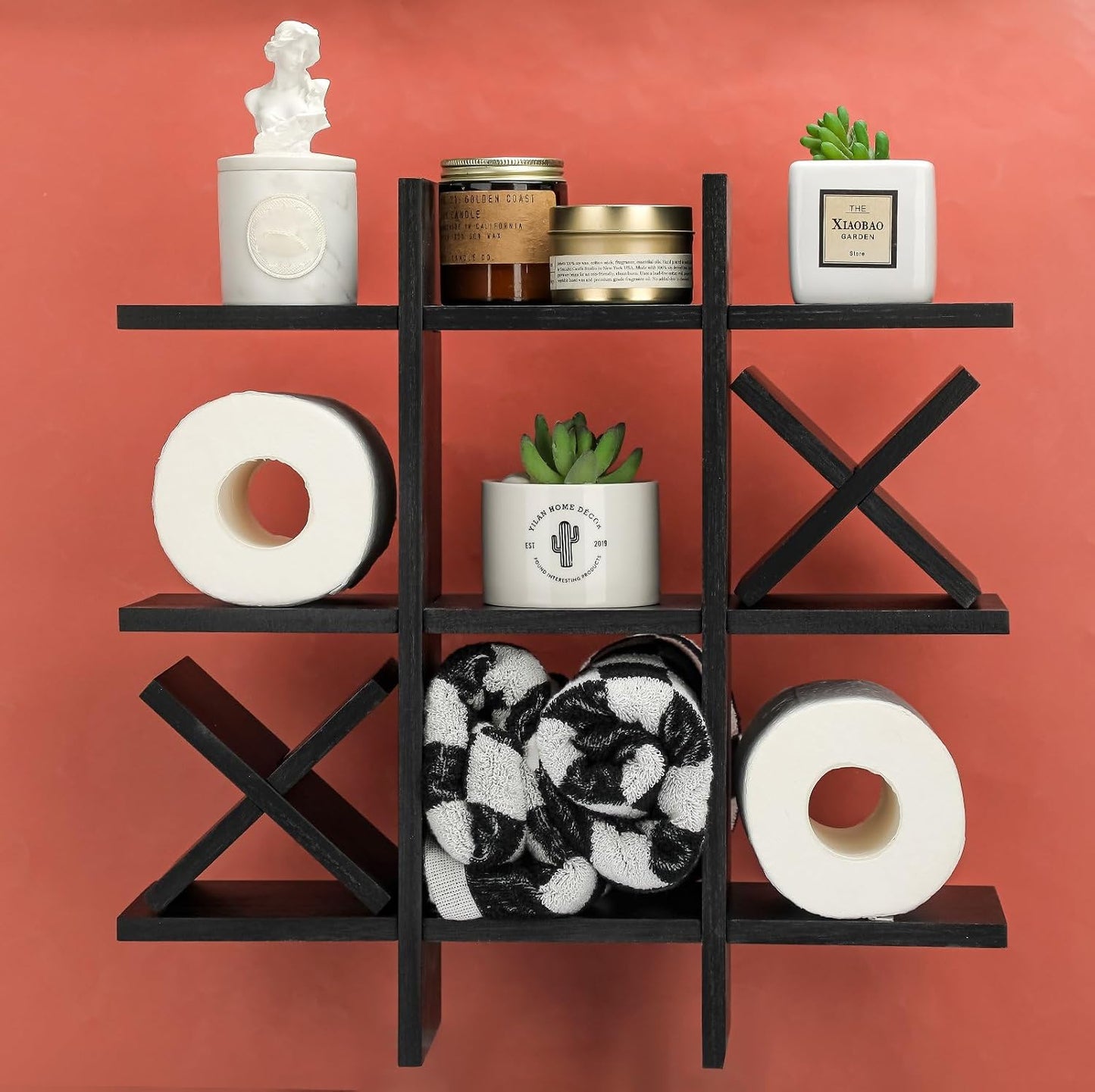 Weysat Tic Tac Toe Toilet Paper Holder,Black | Farmhouse Bathroom Decor, Freestanding or Wall Mount Storage for Tissue