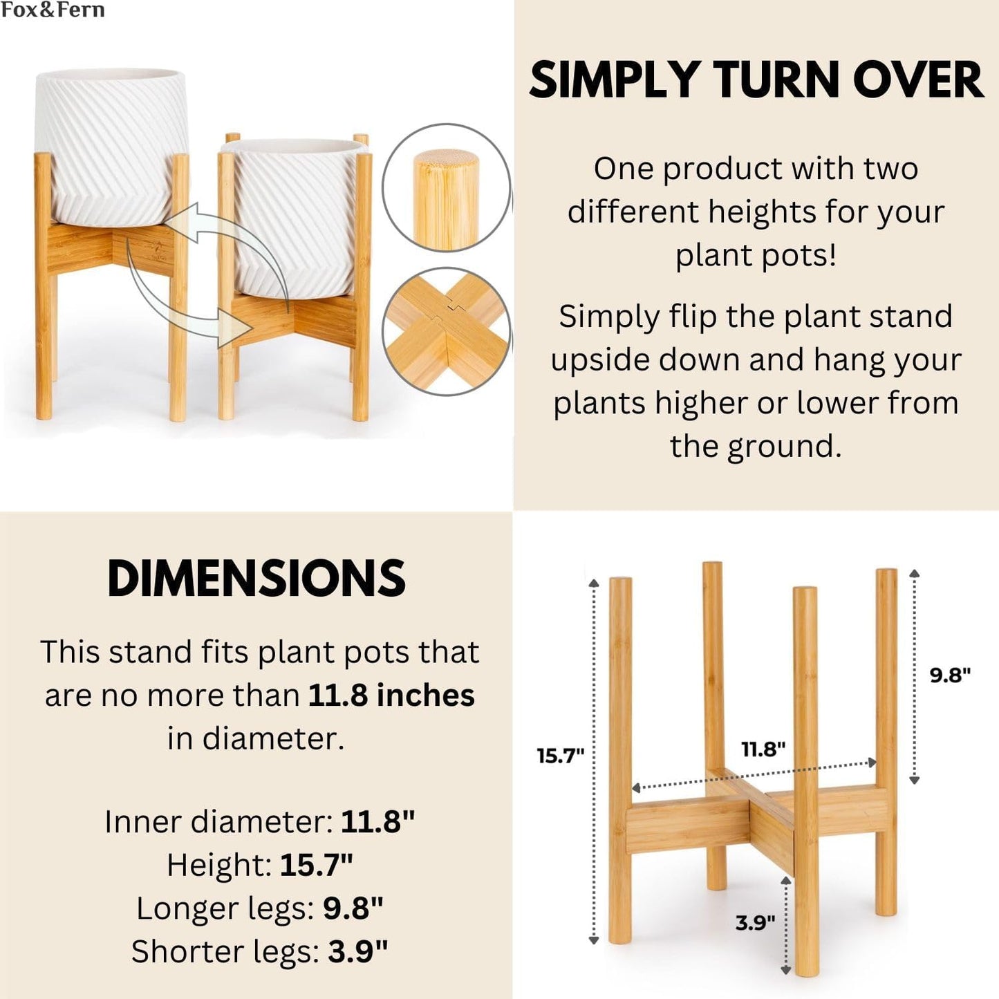 Fox & Fern Mid Century Plant Stands for Indoor Planters, Bamboo, 11.8 Inch | Plug In Design, Holds 200 lbs, Two High