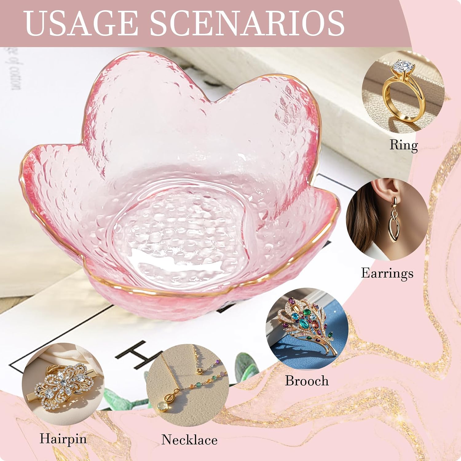Gifts for Women Trinket Dish Flower Jewelry Dish Pink Glass Ring / Golden-edged Pink / Set of 2