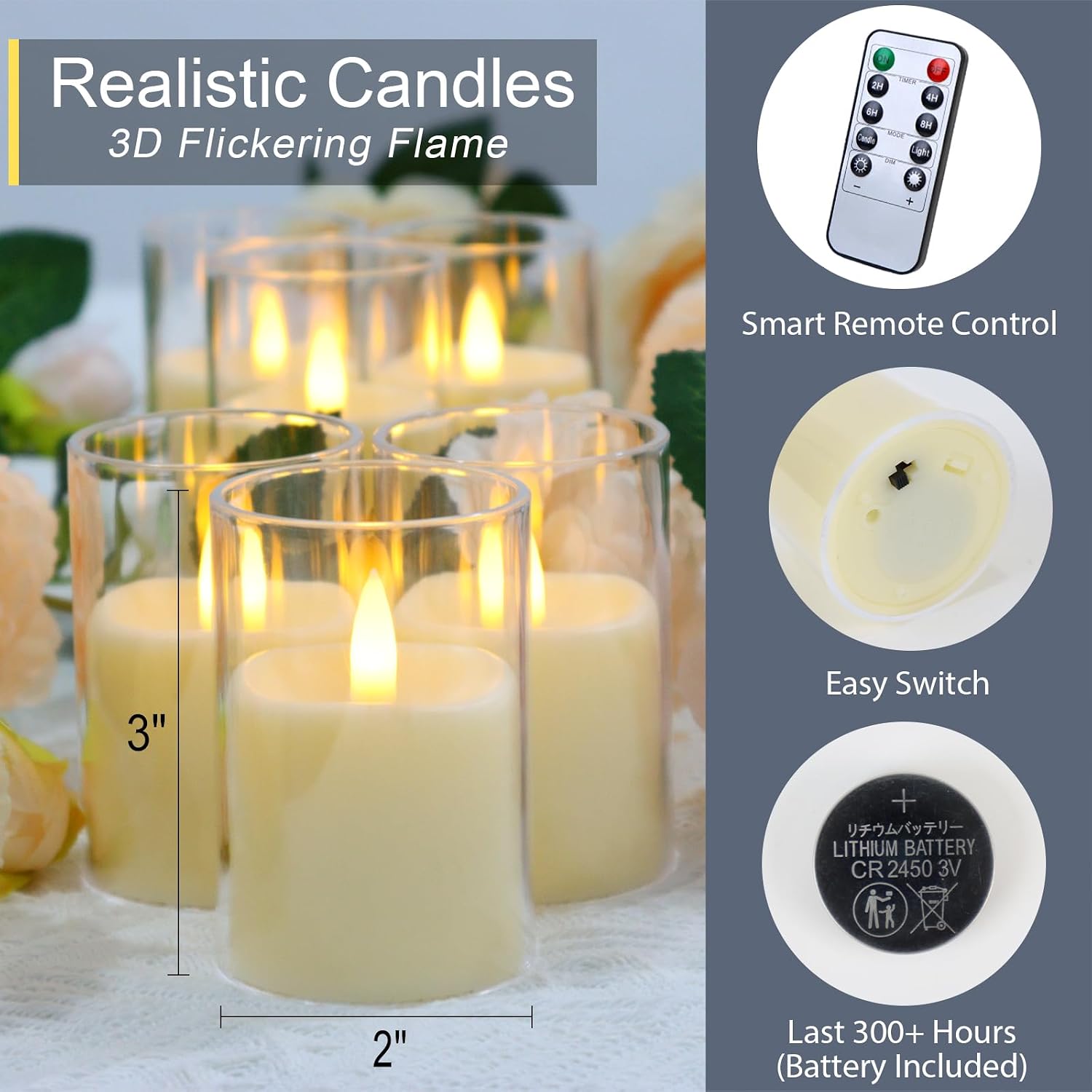 6 Pack Flickering Flameless Votive Candles with Timer and Remote, Battery Operated Long Lasting 300+ Hours, Small