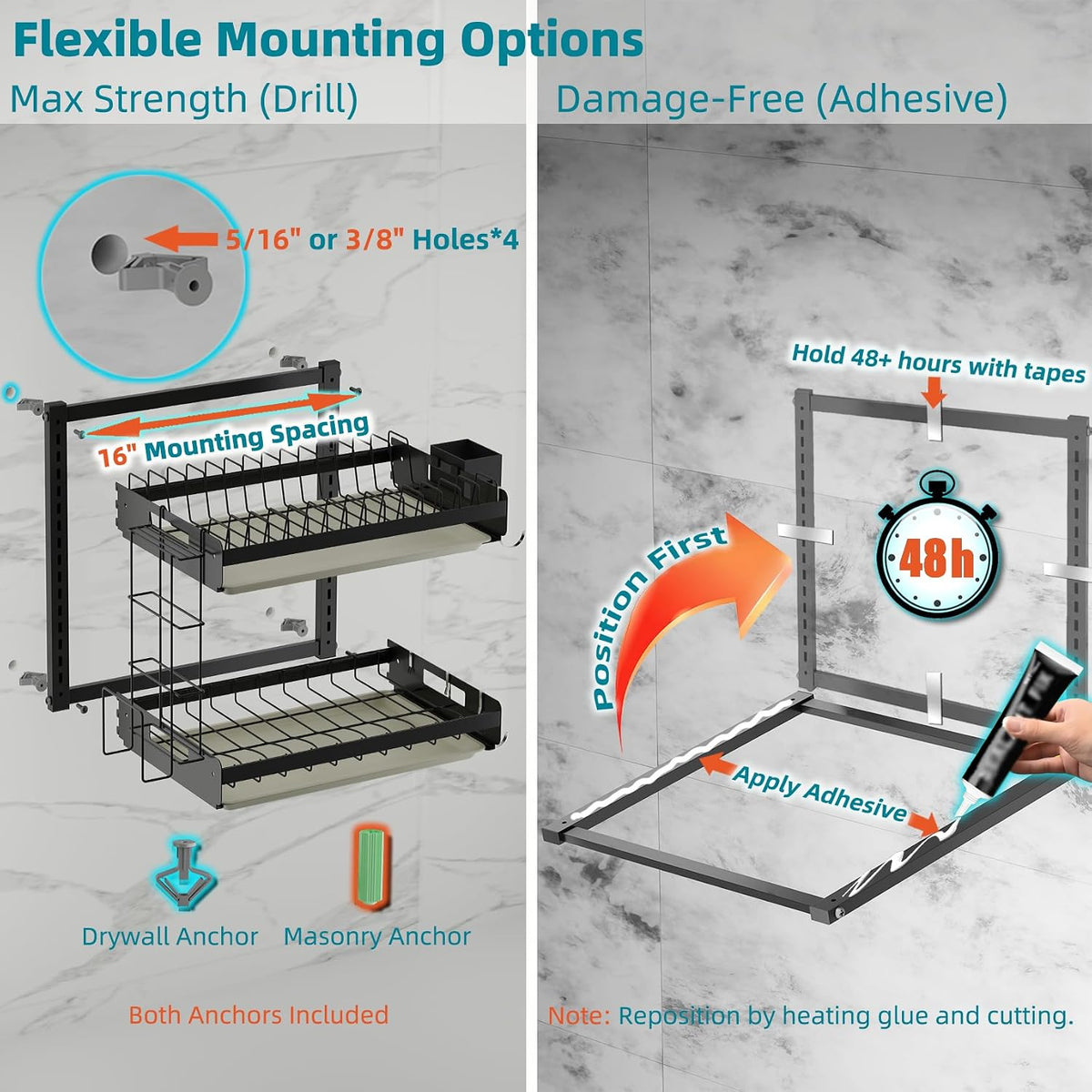 Hanging Wall Mounted Dish Drying Rack, Cutting Board Rack*1, Hook*4, Drain Tray*2, Apartment & RV Wall Mounted Dish