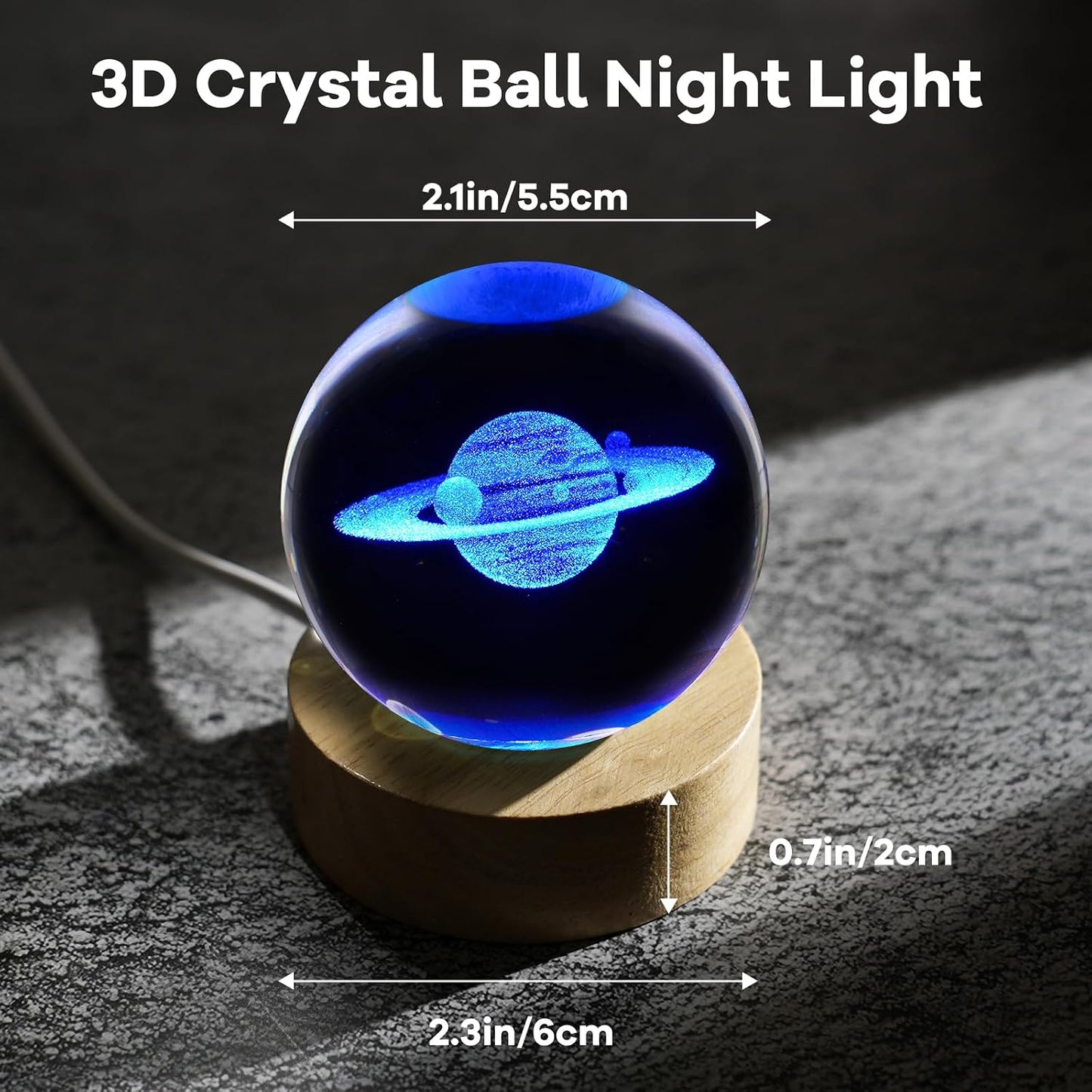 3D Crystal Ball Night Light Planet Glass Sphere Lamps Decor / Saturn / 2.4 Inch