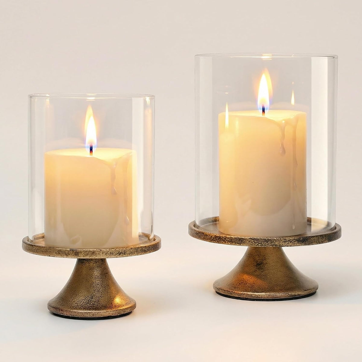 Set of 2 Hurricane Candle Holder Set with Glass Dome & Iron Base – Elegant Decorative Pillar Candle Holders for Living