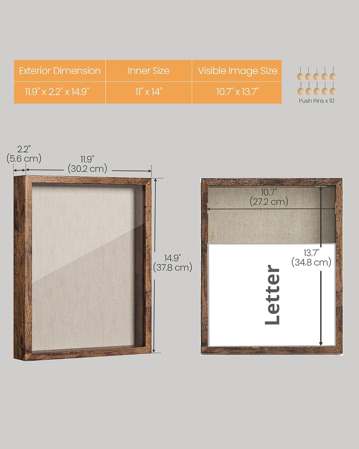 SONGMICS 11x14 Shadow Box Frame, Top Loading Display Case Frame , Glass Front with Top Slot and Push Pins, Linen Fabric