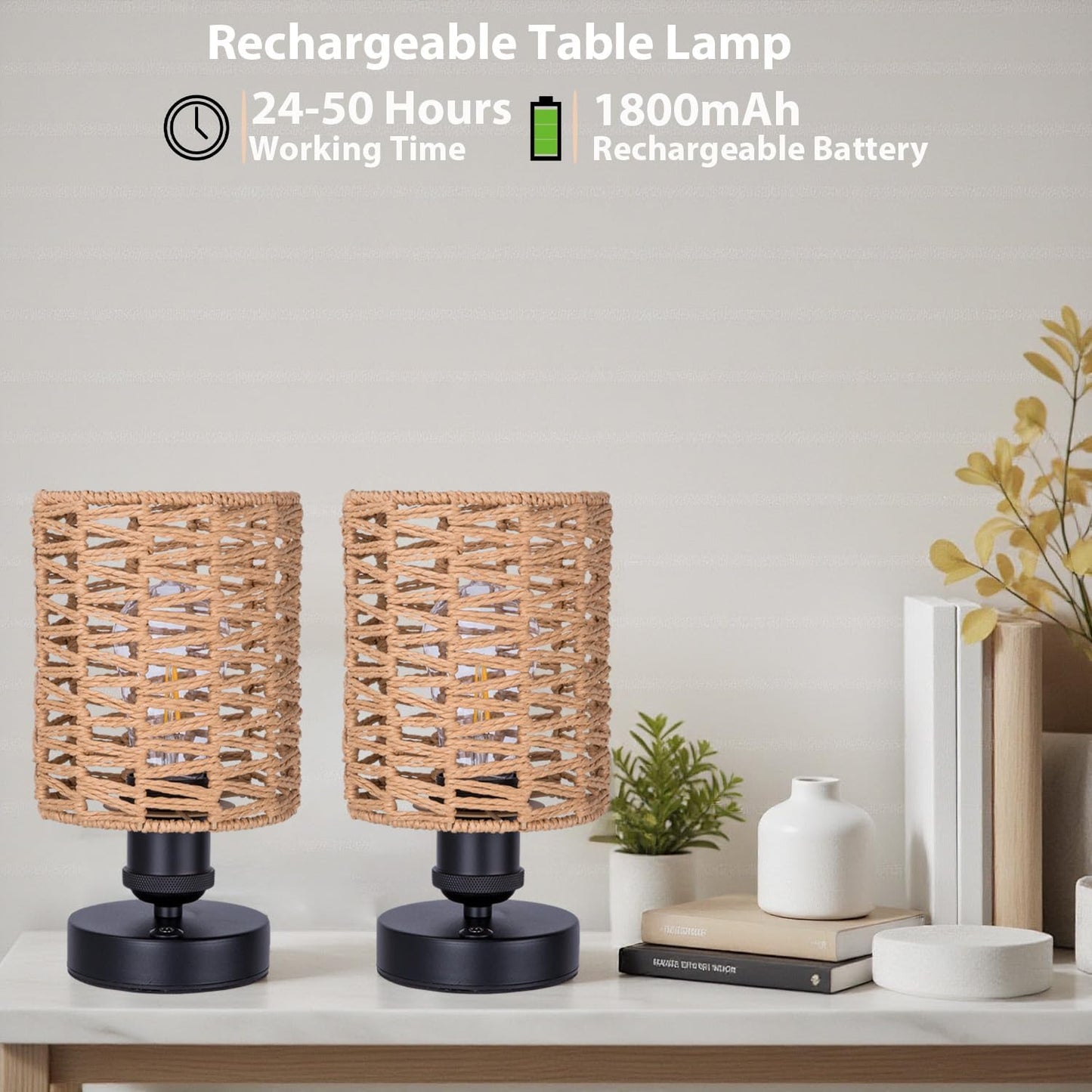 Cordless Outdoor Table Lamps, Small Rattan Boho, Rechargeable Battery Operated for Outdoor Patio, Home, Living Room