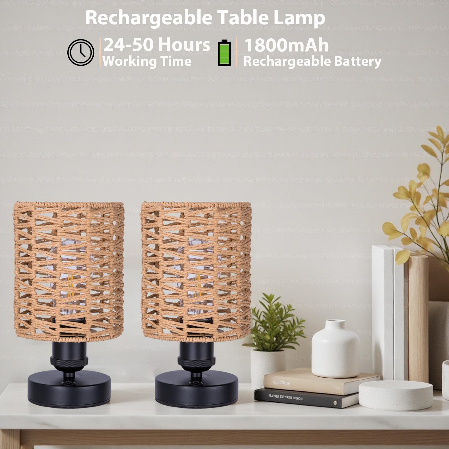 Cordless Outdoor Table Lamps, Small Rattan Boho, Rechargeable Battery Operated for Outdoor Patio, Home, Living Room