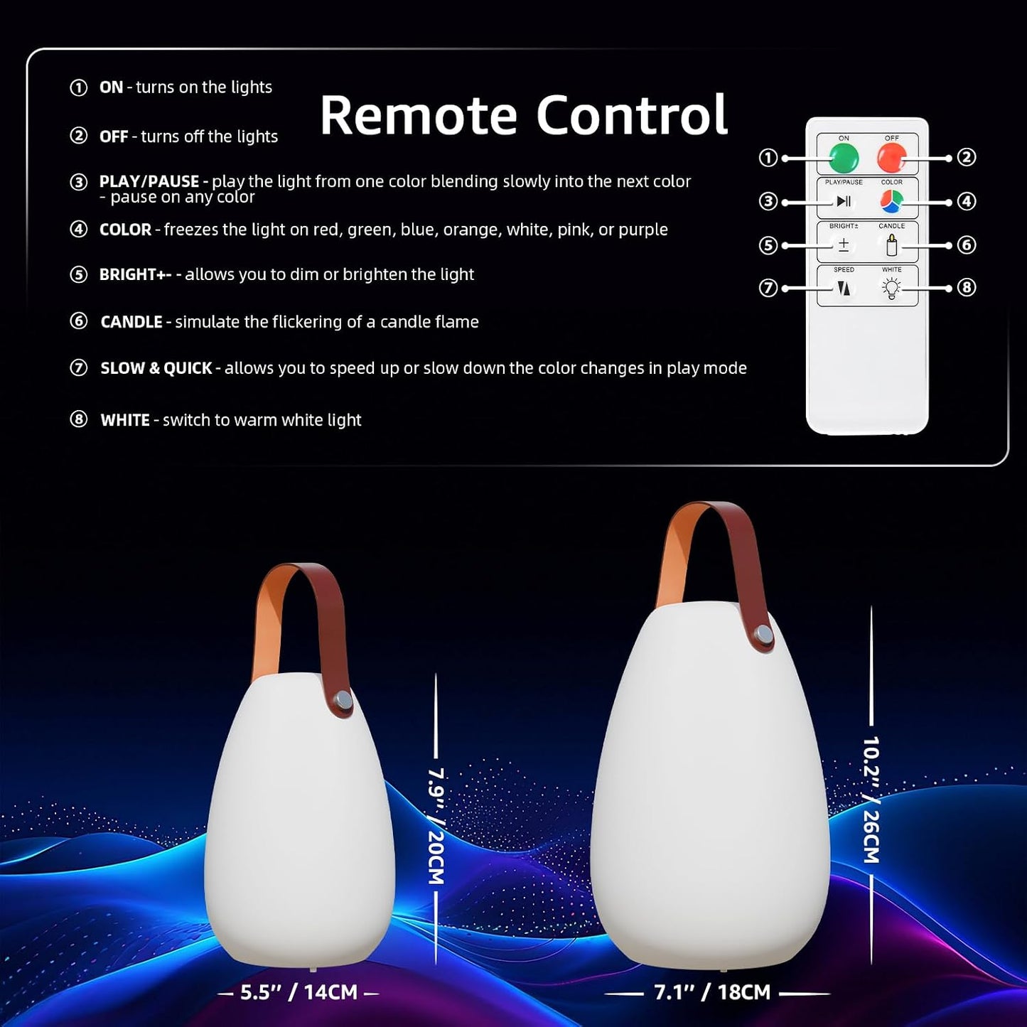 uuffoo 2 Pack Rechargeable Portable Table Lamp with Remote | Cordless RGB Lantern, Decorative LED Night Light, IP44