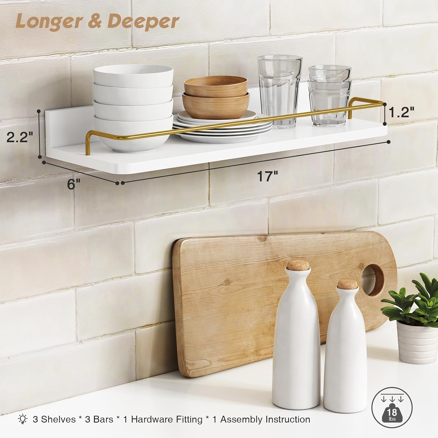 Forbena Gold Floating Shelves for Wall Decor Set of 3, Bathroom Shelves Over Toilet, Modern Display Wall Shelf with