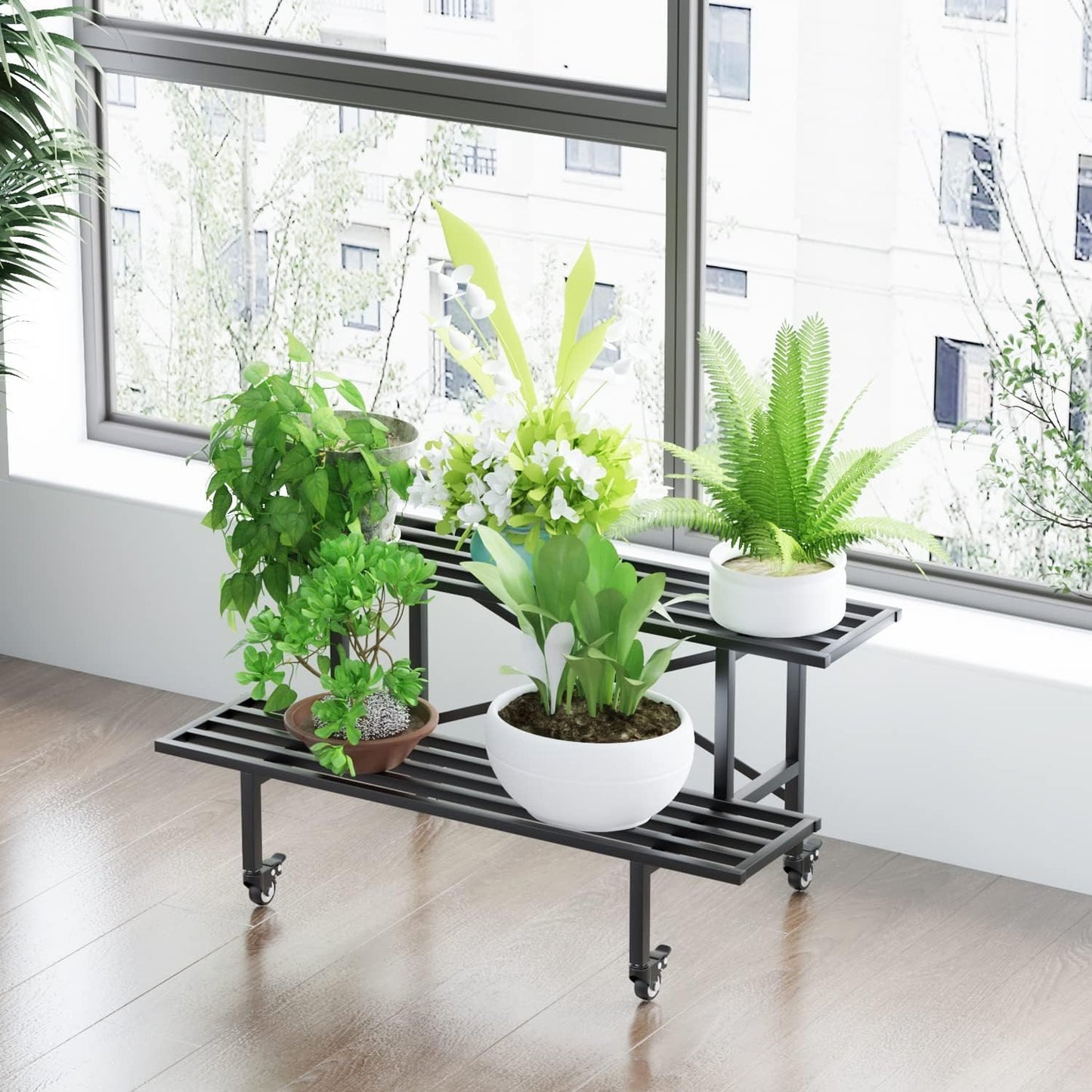 Zhongma 2 Tier Sturdy Metal Plant Stand with Wheels Heavy Duty Plant Holder for Home Indoor and Outdoor,L45.67 x W17.5