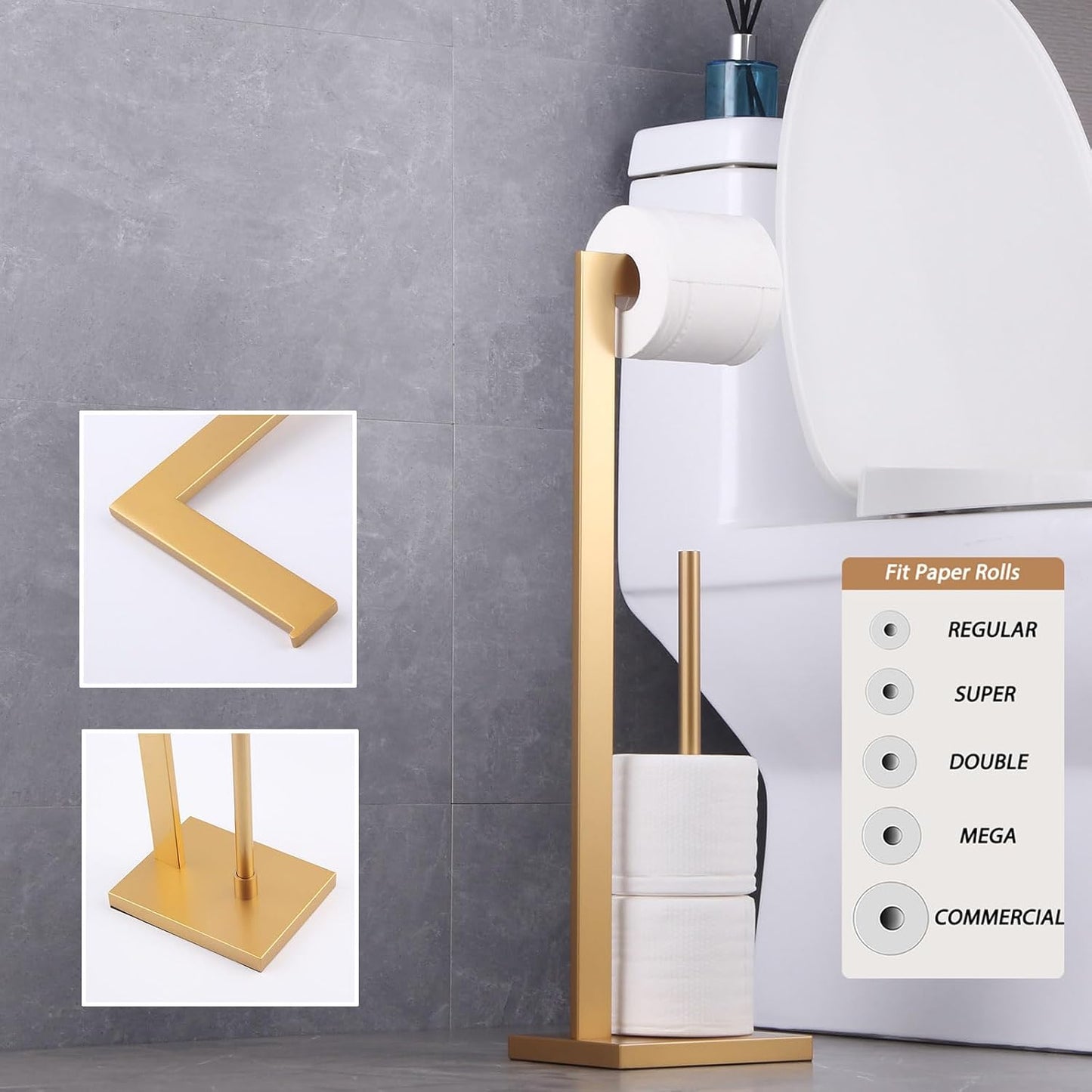 GERZWY Gold Toilet Paper Holder Free Standing with Reserve Stainless Steel Tissue Roll Holder Floor Stand Storage