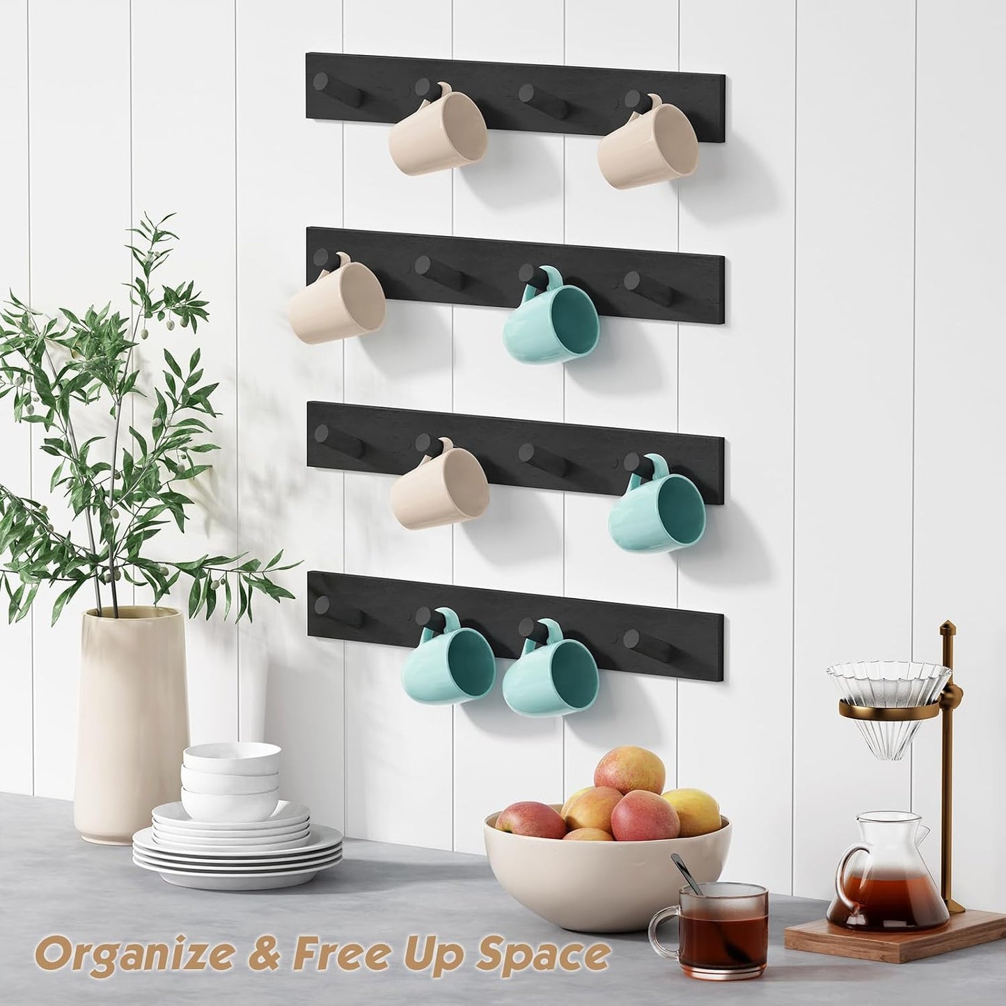Forbena Black Coat Rack Wall Mount 4-Pack, Rustic Farmhouse Coat Hooks for Wall, Vertical Hanging Hat Rack for Office