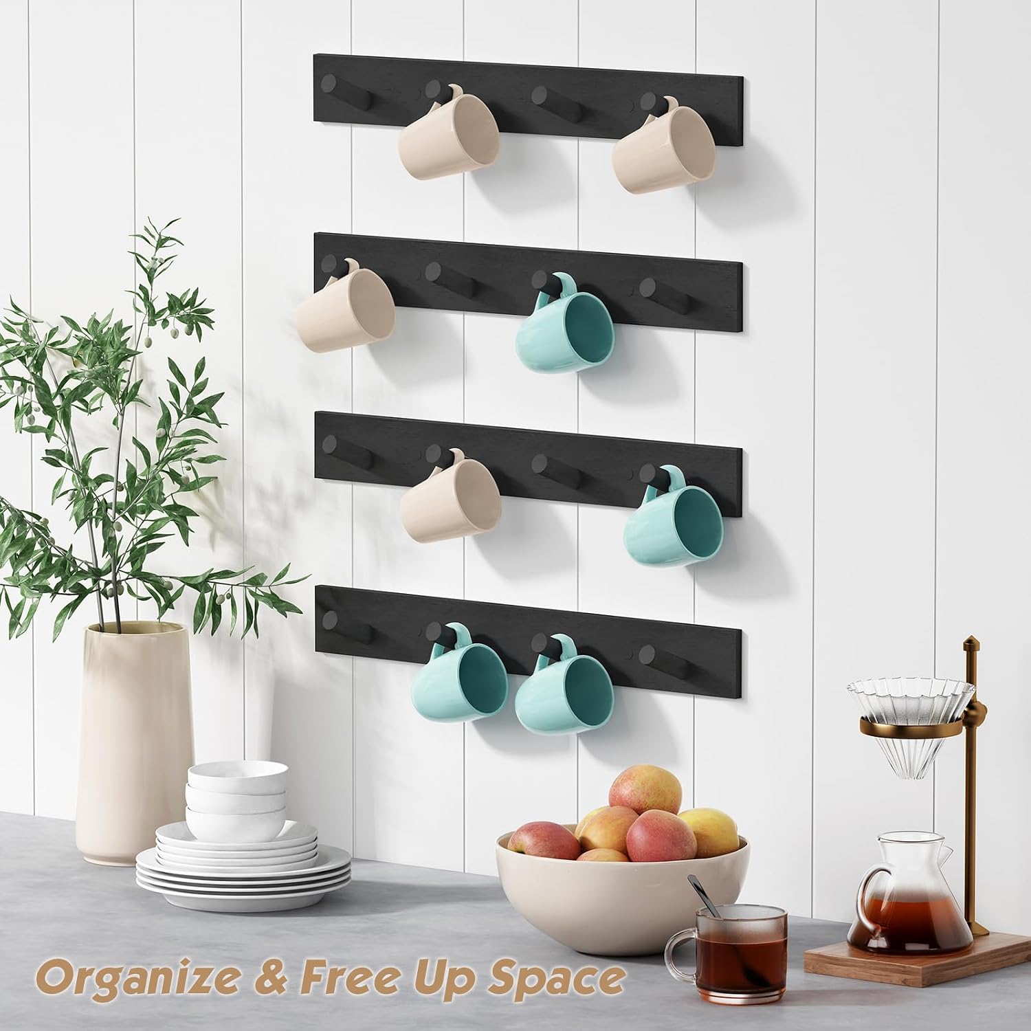 Forbena Black Coat Rack Wall Mount 4-Pack, Rustic Farmhouse Coat Hooks for Wall, Vertical Hanging Hat Rack for Office