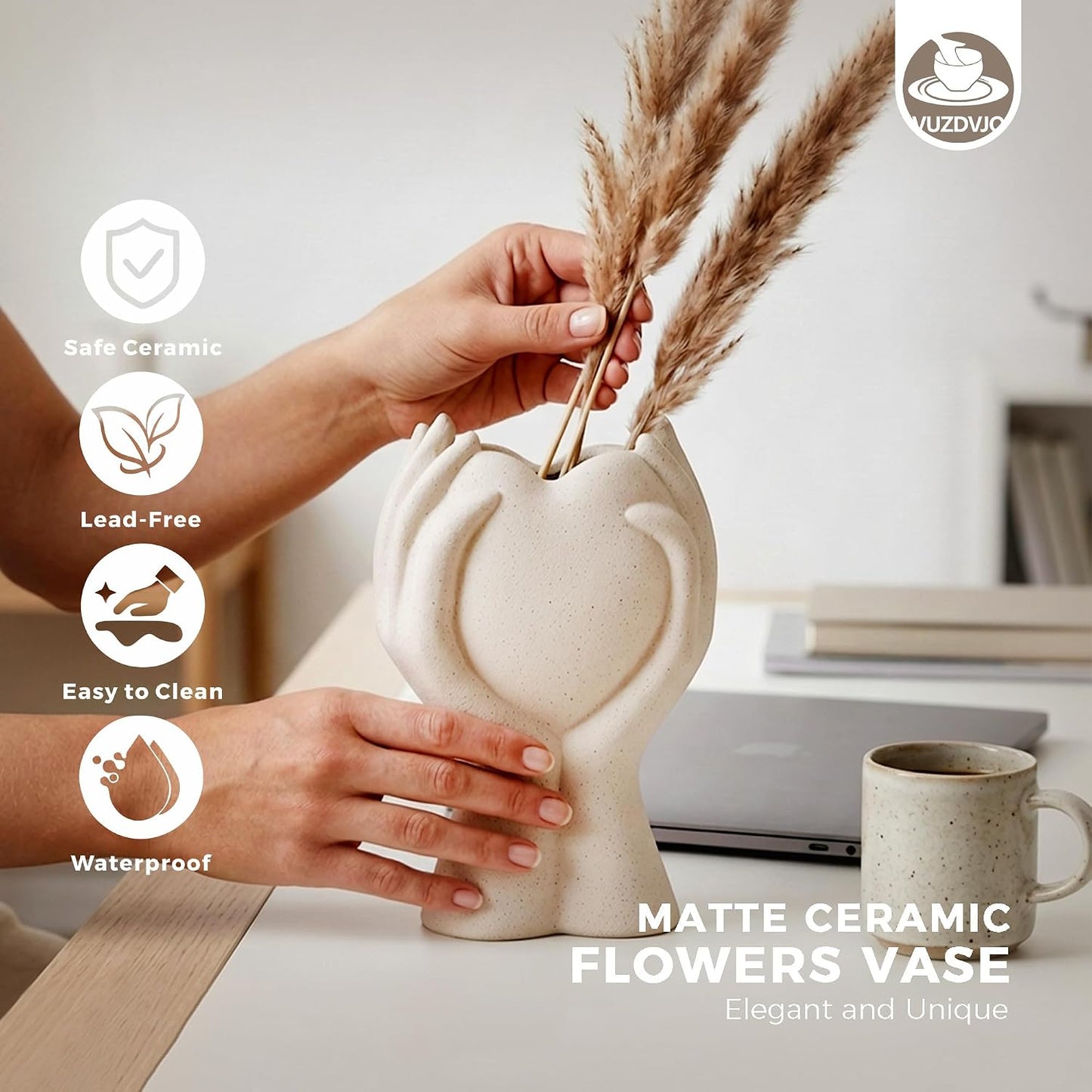 Heart Hand White Ceramic Vase / Cream White / 8 Inch