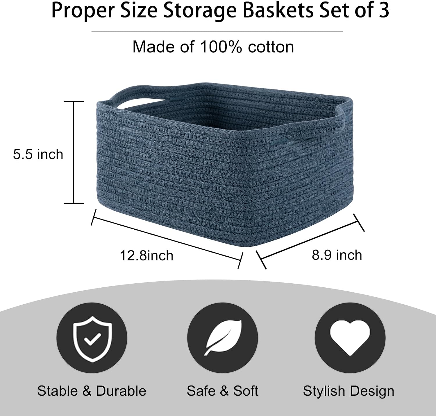 Cotton Rope Woven Baskets for Storage / Blue / Set of 3