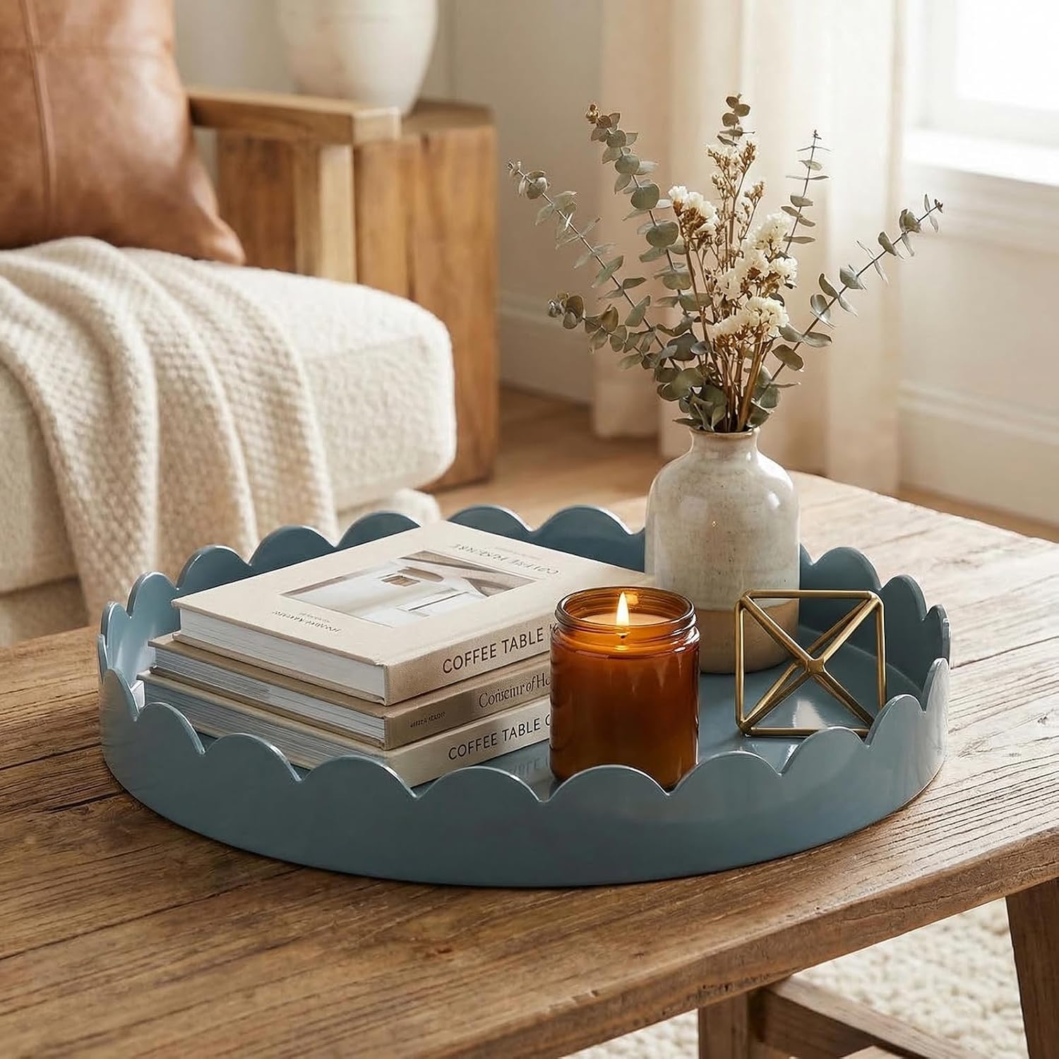13" Round Scalloped Decorative Tray / Light Blue