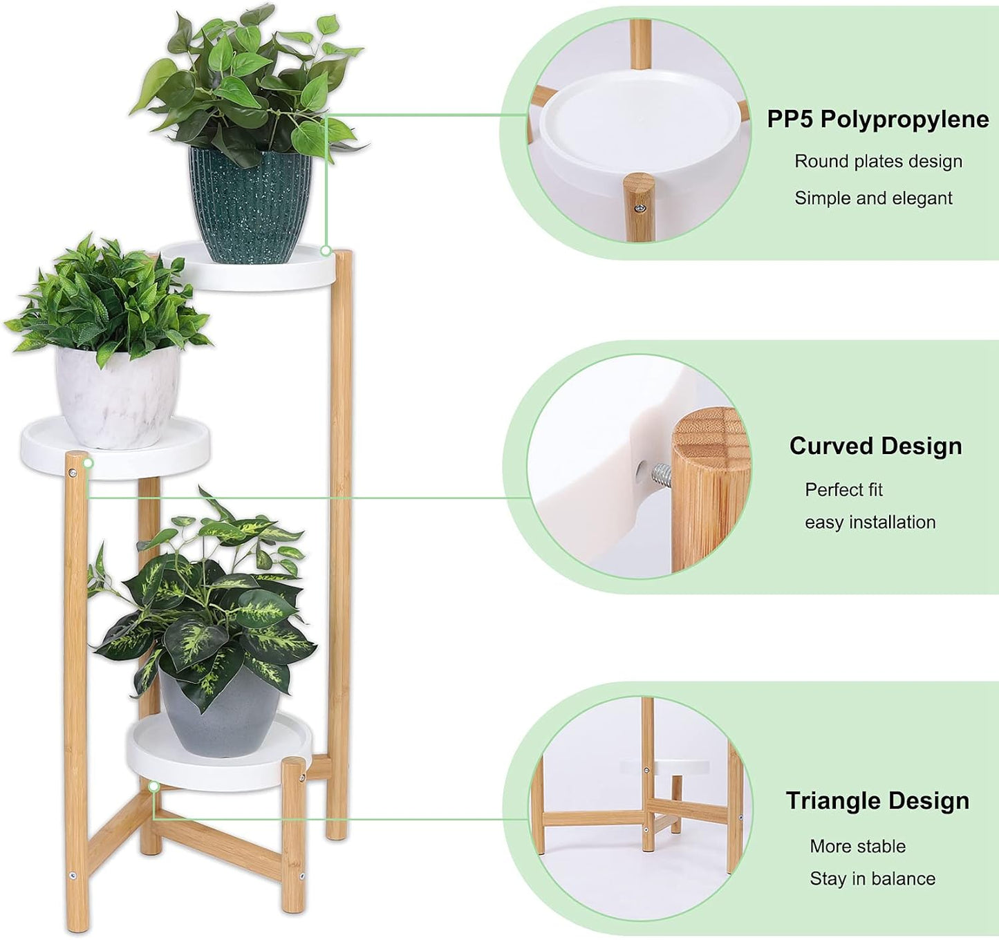 unho 3-Tier Bamboo Plant Stand: Nordic Style Potted Flower Display Shelf Holder Indoor Planter Rack with White Round